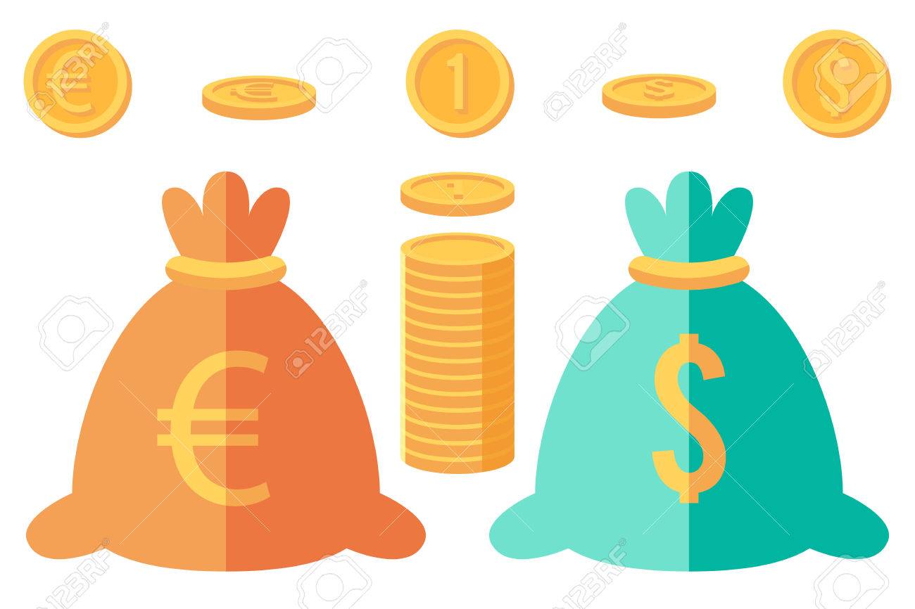 Set of dollar and euro coins and two money sacks - 36525115 Set of dollar and euro coins and two money sacks - 36525115
