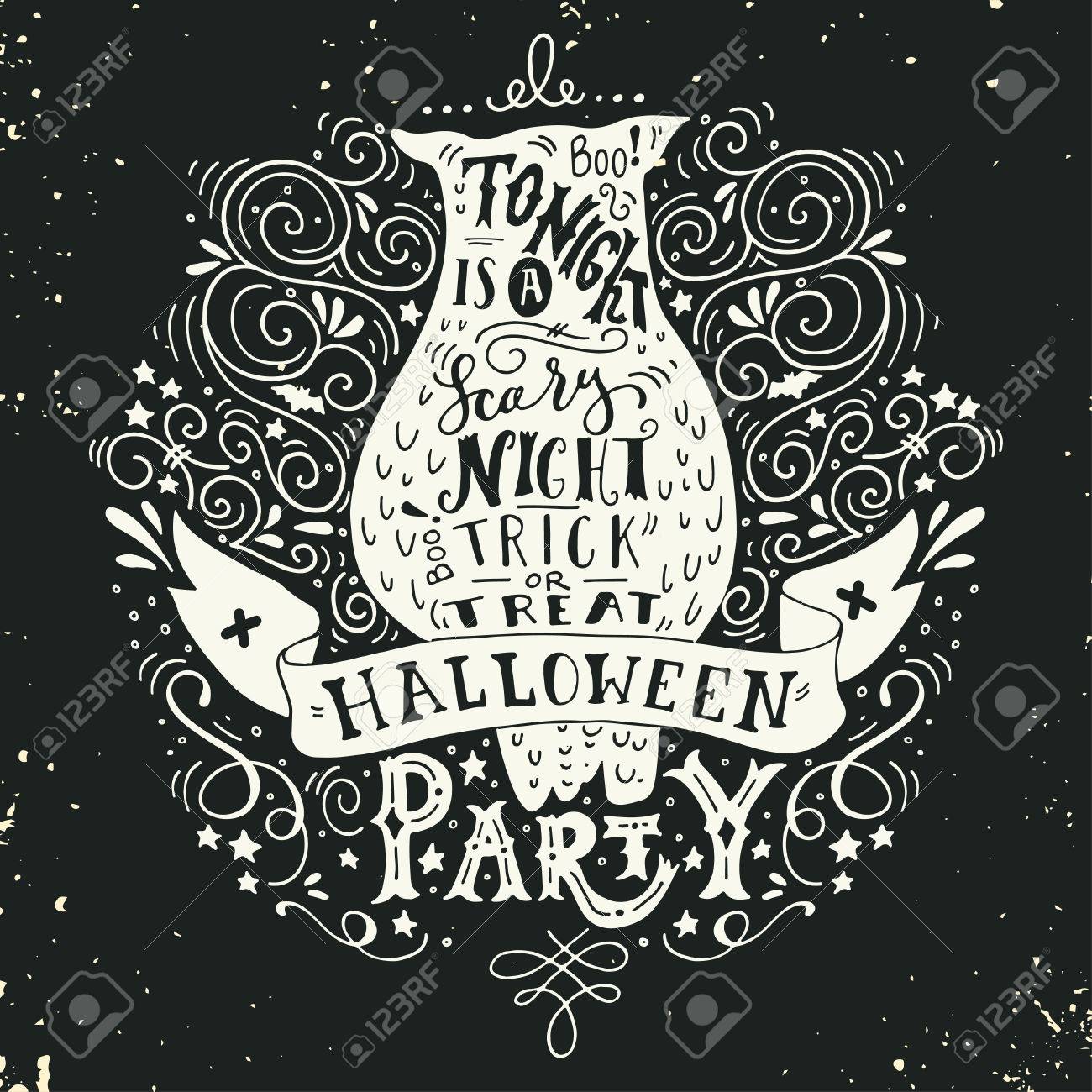 Cartel Del Partido De Halloween Con Un Viejo Búho Letras De La Mano Banner Y Adornos Esta Noche Es Una Fiesta Muy Asustadizo Truco O Trato Esta Ilustración Se Puede Utilizar Como