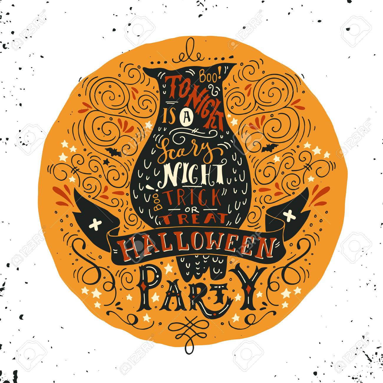 Cartel Del Partido De Halloween Con Un Búho Viejo Luna Llena Letras De La Mano En El Banner Y Adornos Esta Noche Es Una Fiesta Muy Asustadizo Truco O Trato Esta Ilustración