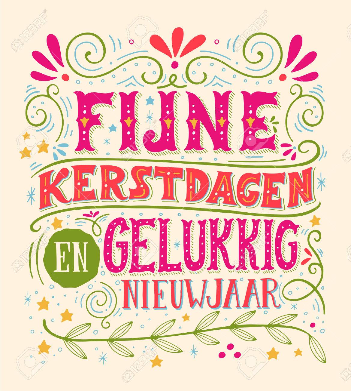 Fijne Kerstdagen En Gelukkig Nieuwjaar Niederlandisch En Frohe Weihnachten Und Ein Gluckliches Neues Jahr Retro Poster Mit Hand Schriftzug Und Dekoration Elemente Diese Abbildung Kann Als Grusskarte Poster Oder Druck Verwendet Werden