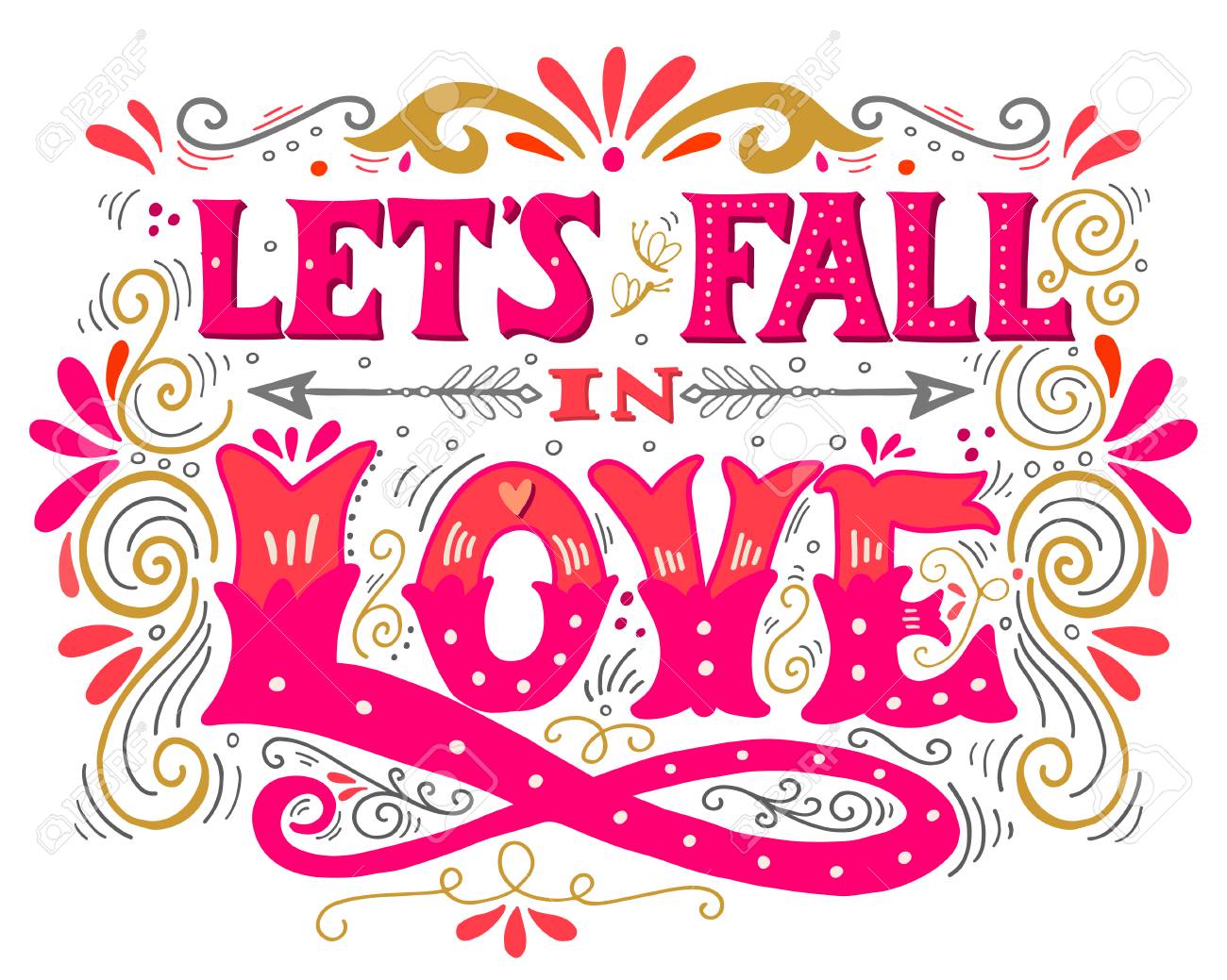 恋に落ちてみましょう 感動のバレンタインの引用 手描き 手レタリングとヴィンテージのイラストです この図は T シャツやバッグ 固定でのプリントやポスターとして使用できます の写真素材 画像素材 Image