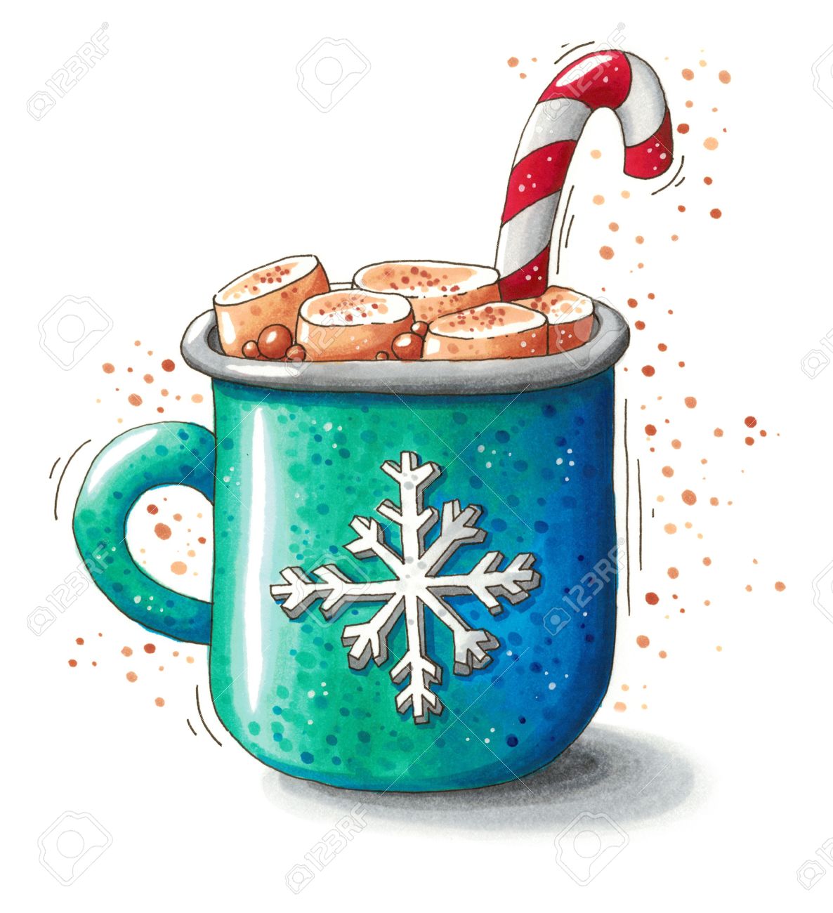 Cute hand drawn Christmas illustration of a mug with hot chocolate, melted marshmallows and a candy cane isolated on white background. This image can be used as a Christmas greeting card, poster or print. - 65523155 Cute hand drawn Christmas illustration of a mug with hot chocolate, melted marshmallows and a candy cane isolated on white background. This image can be used as a Christmas greeting card, poster or print. - 65523155