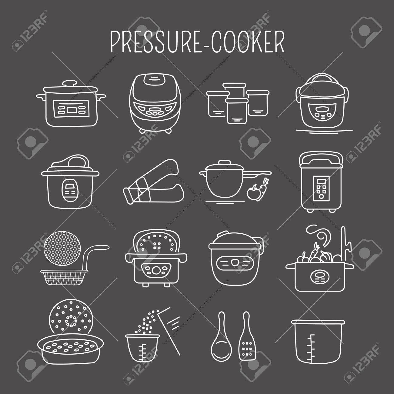 手描きの細い線のアイコン セットは ベクトル イラスト 圧力鍋と付属品 モダンなキッチン用品 分離記号 黒のピクトグラムの白 簡単なモノラル直線的なデザイン のイラスト素材 ベクタ Image