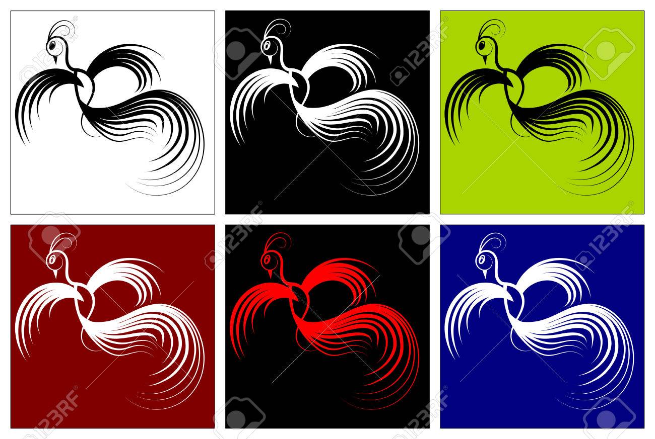 Silhouette Oiseau Linéaire Voler Avec Des Ailes Et La Queue Spred En Blanc Et Noir Sur Différents Milieux Blanc Noir Rouge Bleu Vert Image