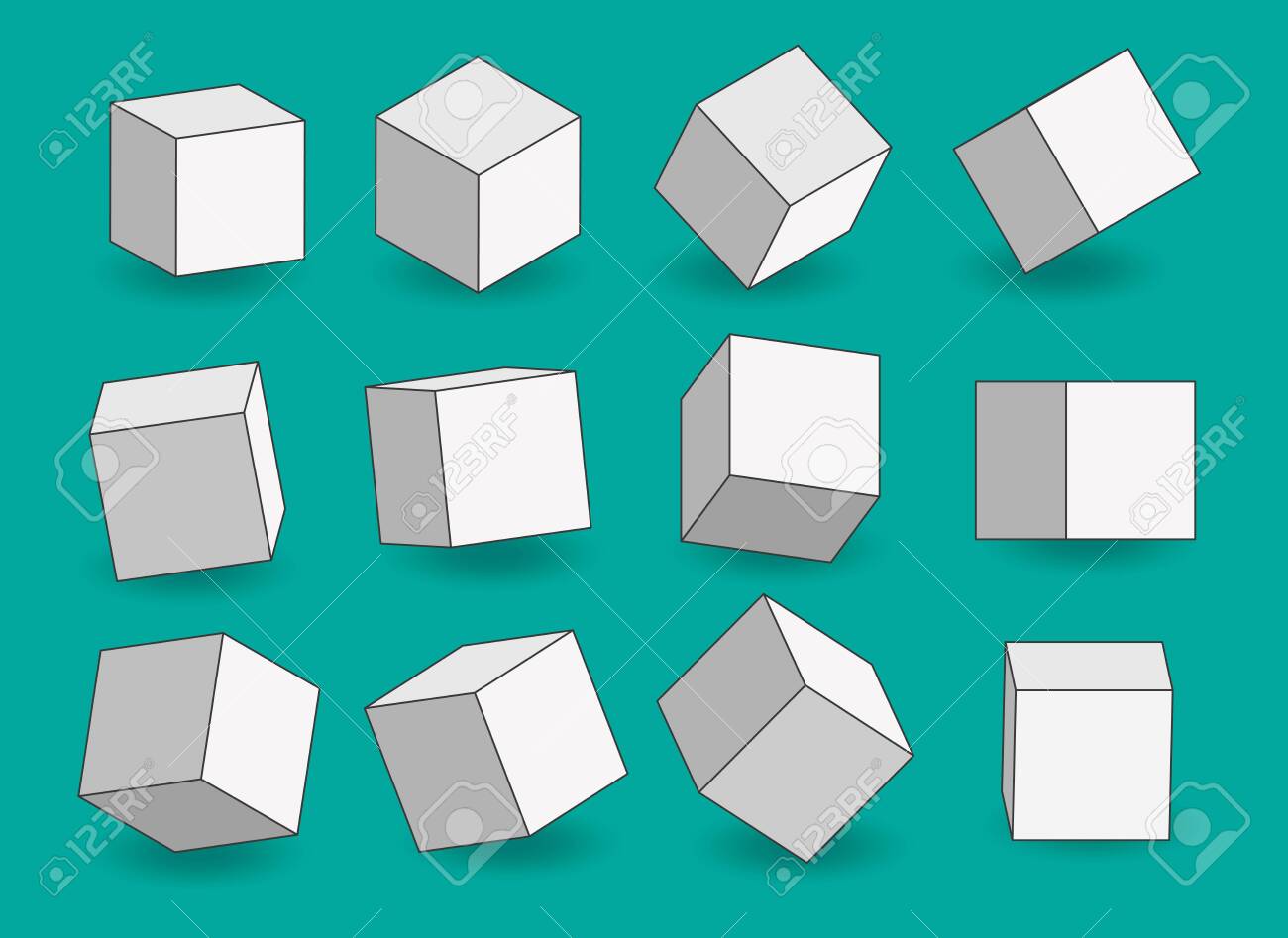 Set Of White Vector Cartoon 3d Cubes. Cube Outline Icons In A Perspective.  Geometric Blocks With Shadow. Vector Illustration Isolated On Tranparent  Background. Royalty Free SVG, Cliparts, Vectors, and Stock Illustration.  Image, image size:1300x947
