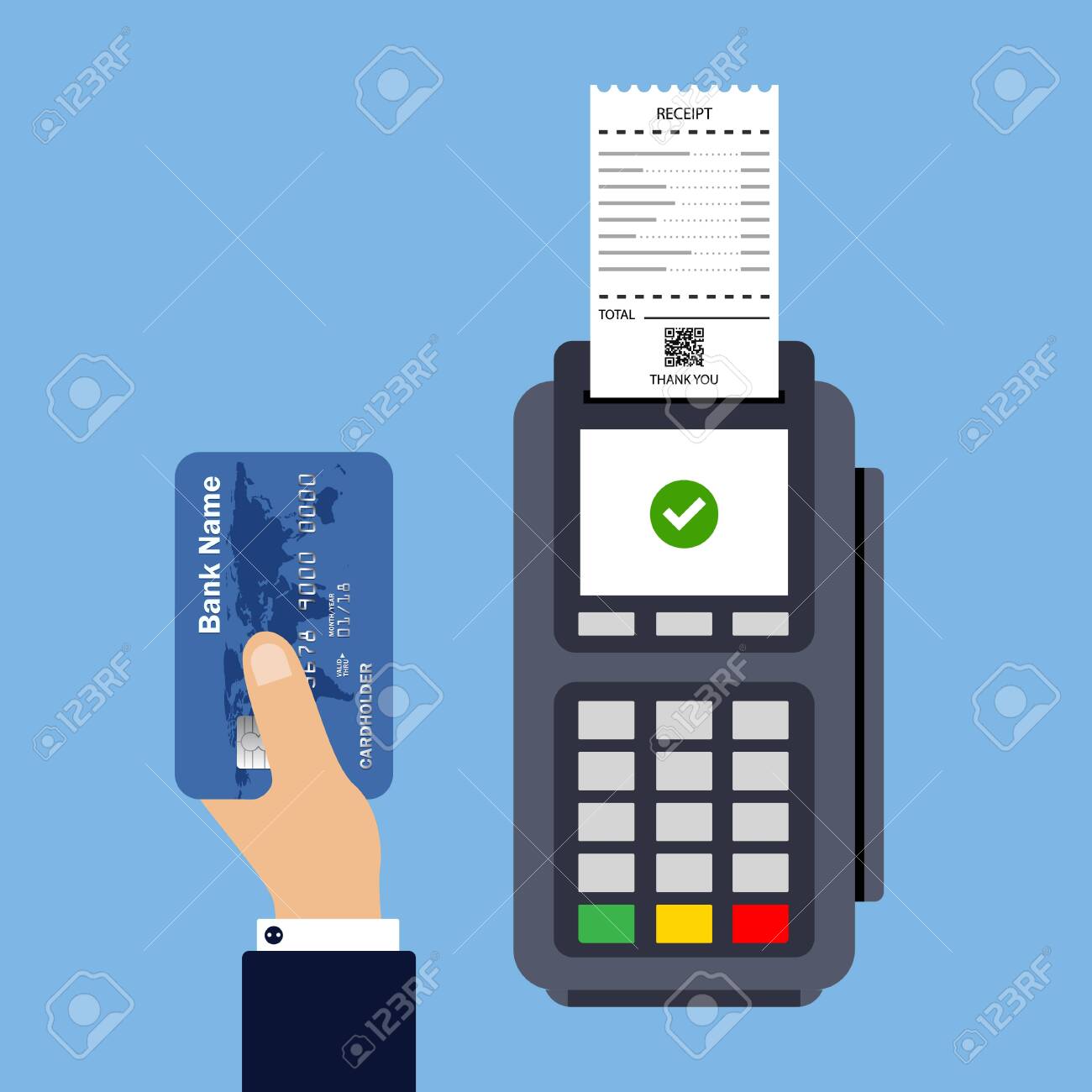 Flat design of POS terminal usage concept. Payment by card concept. Vector illustration. Isolated. - 145238346 Flat design of POS terminal usage concept. Payment by card concept. Vector illustration. Isolated. - 145238346