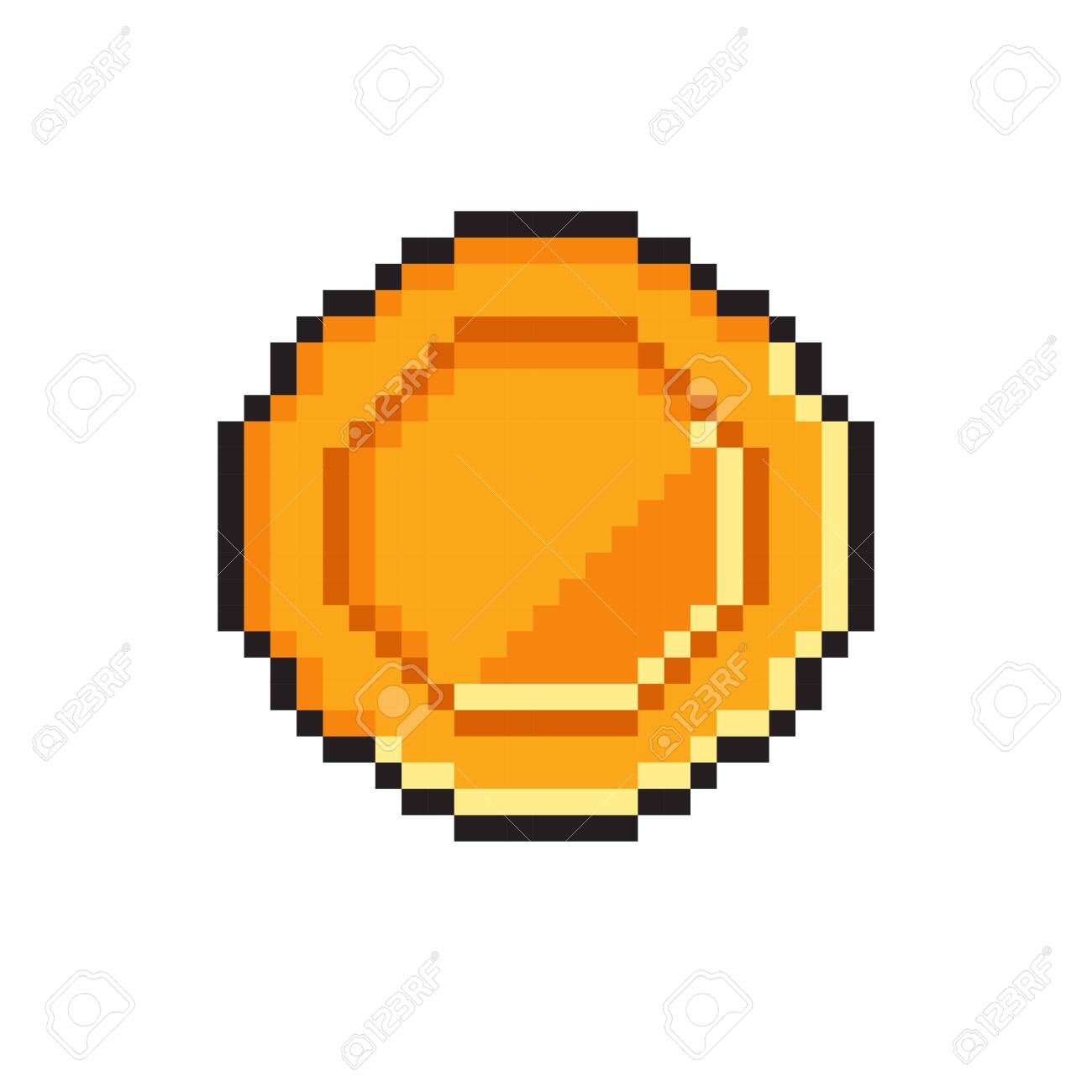 16ビットレトロゲームのためのピクセル金貨。白い背景に分離されたベクトル黄金のピクセル化されたコイン。お金8ビットのイラスト。のイラスト素材・ベクター  Image 147070607