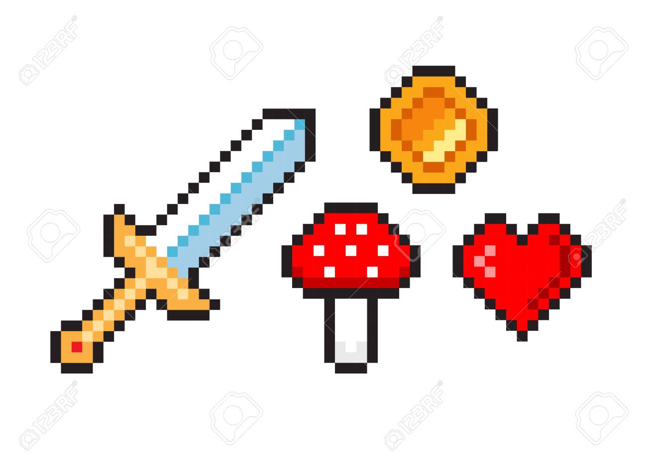 ピクセル のビデオゲームオブジェクトのセット。16 ビット ゲームのアイコン。ピクセル剣、キノコ、ハート、コイン 、アマニタ。白い背景に分離レトロなゲームスタイルでベクトルイラスト。のイラスト素材・ベクター Image 147070628