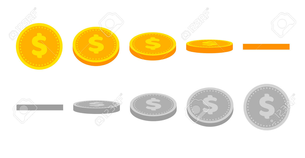 ゲームとアプリのゴールドダラーコイン アニメーション。さまざまな形や位置で金貨をベクトルします。お金のイラストが振り返る。成長、収入、貯蓄、投資。のイラスト素材・ベクター Image  158721526