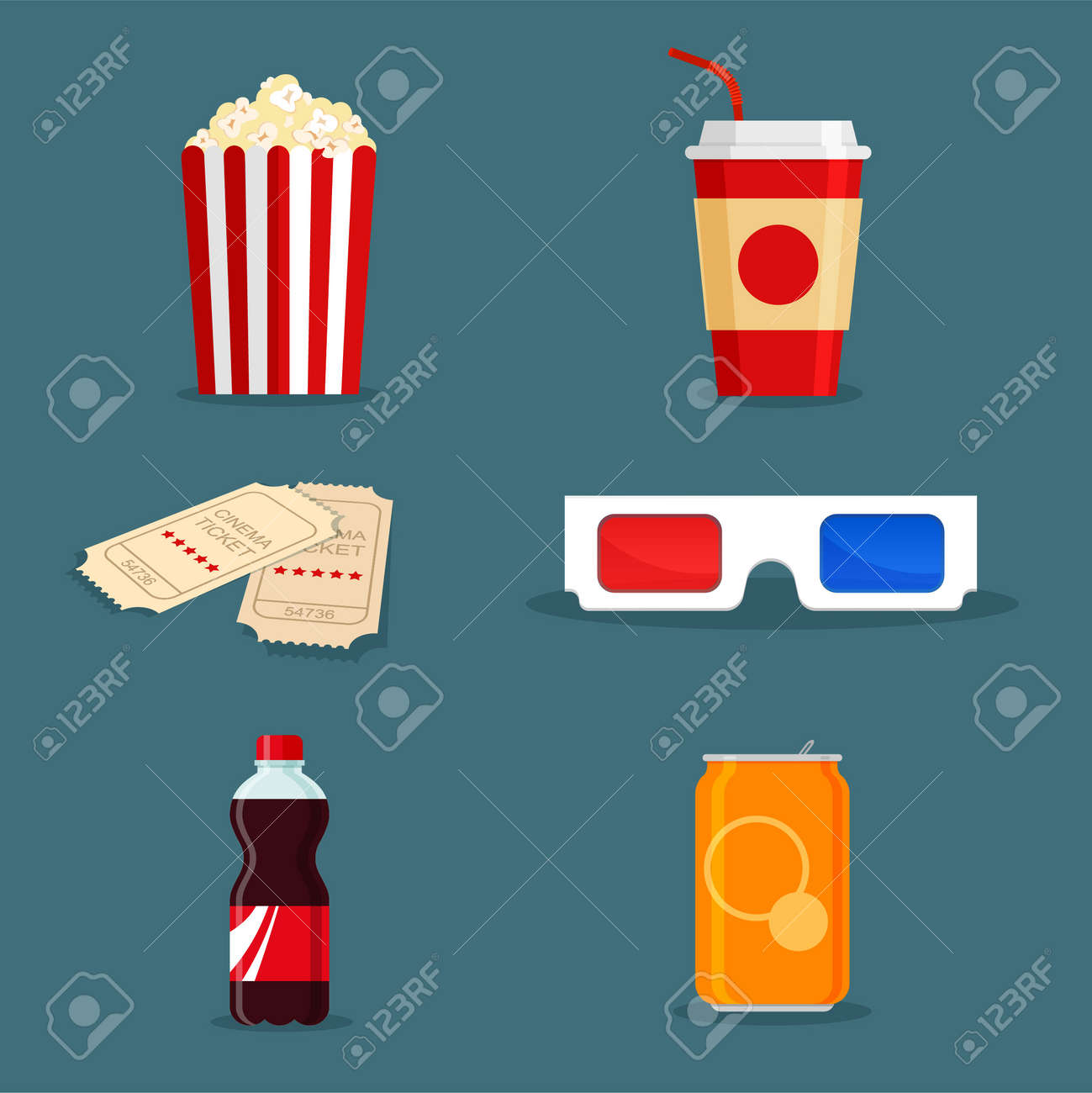 Articles de film. boisson gazeuse en canette et en bouteille, pop-corn dans une boîte en carton blanc rouge à rayures classiques, billets et lunettes 3d en style dessin animé pour affiche de cinéma. restauration rapide à emporter dans un style plat tendance. - 165959427 Articles de film. boisson gazeuse en canette et en bouteille, pop-corn dans une boîte en carton blanc rouge à rayures classiques, billets et lunettes 3d en style dessin animé pour affiche de cinéma. restauration rapide à emporter dans un style plat tendance. - 165959427