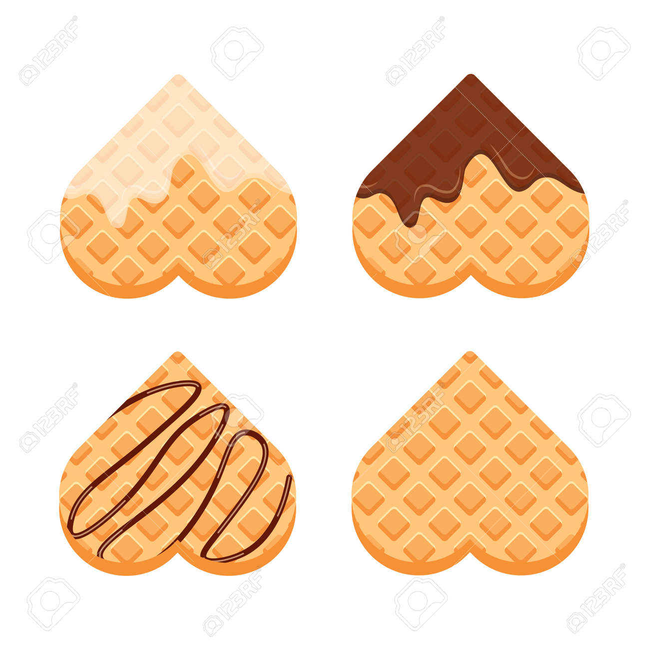 Viennese or belgian waffles with vanilla cream and chocolate. Set of heart shaped waffle. Vector illustration in trendy flat style isolated on white background - 166987579 Viennese or belgian waffles with vanilla cream and chocolate. Set of heart shaped waffle. Vector illustration in trendy flat style isolated on white background - 166987579