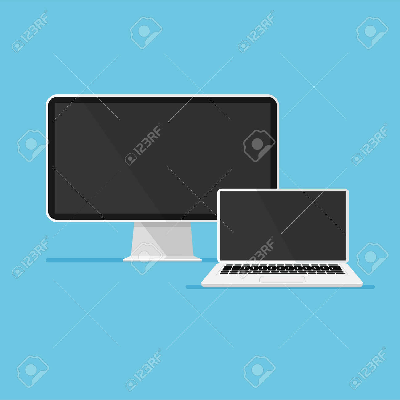 Cartoon computer monitor and open laptop. Empty or blank screen display isolated on blue background. Mock up of equipment for office. Vector illustration in trendy flat style - 169877660 Cartoon computer monitor and open laptop. Empty or blank screen display isolated on blue background. Mock up of equipment for office. Vector illustration in trendy flat style - 169877660