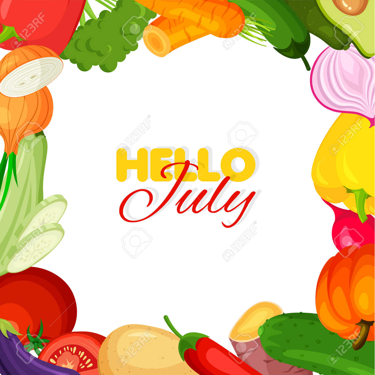 Vegetable frame. Summer banner template. Hello july concept. Vector illustration. - 169877679 Vegetable frame. Summer banner template. Hello july concept. Vector illustration. - 169877679
