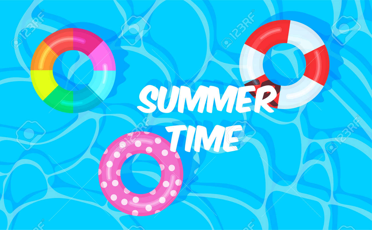 Swimming pool summer background with colorful lifebuoys. Summer time concept. Pool party template banner. Float rings. Vector illustration in trendy flat style. - 169877680 Swimming pool summer background with colorful lifebuoys. Summer time concept. Pool party template banner. Float rings. Vector illustration in trendy flat style. - 169877680