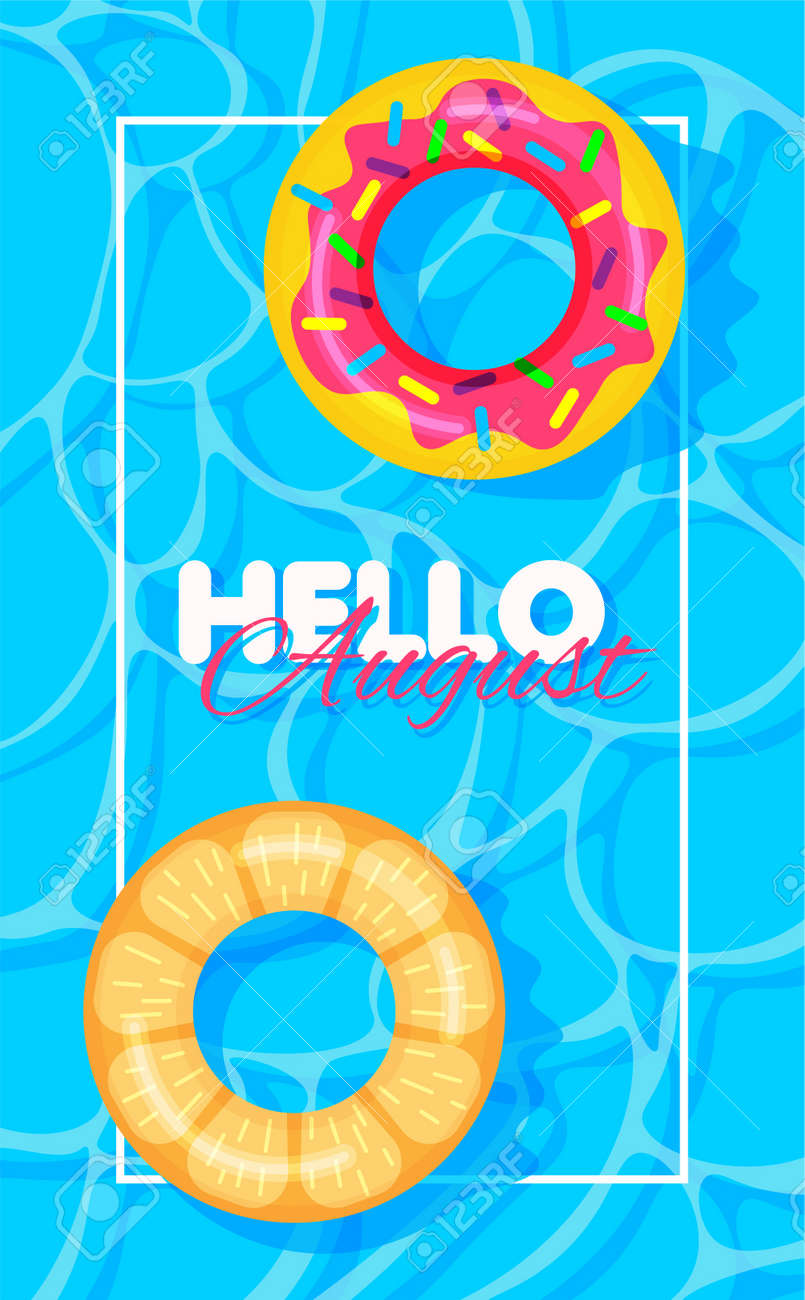 Swimming pool summer background with donut and orange print lifebuoys. Hello august concept. Pool party template banner. Float rings. Vector illustration in trendy flat style. - 169877778 Swimming pool summer background with donut and orange print lifebuoys. Hello august concept. Pool party template banner. Float rings. Vector illustration in trendy flat style. - 169877778