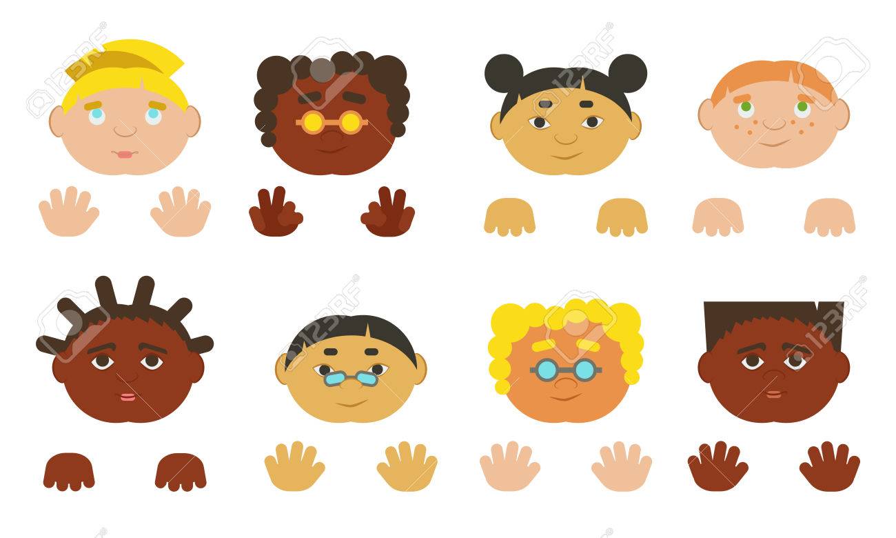 子供の顔と手をヨーロッパ アジア アフリカ系アメリカ人 ベクトル図 のイラスト素材 ベクタ Image