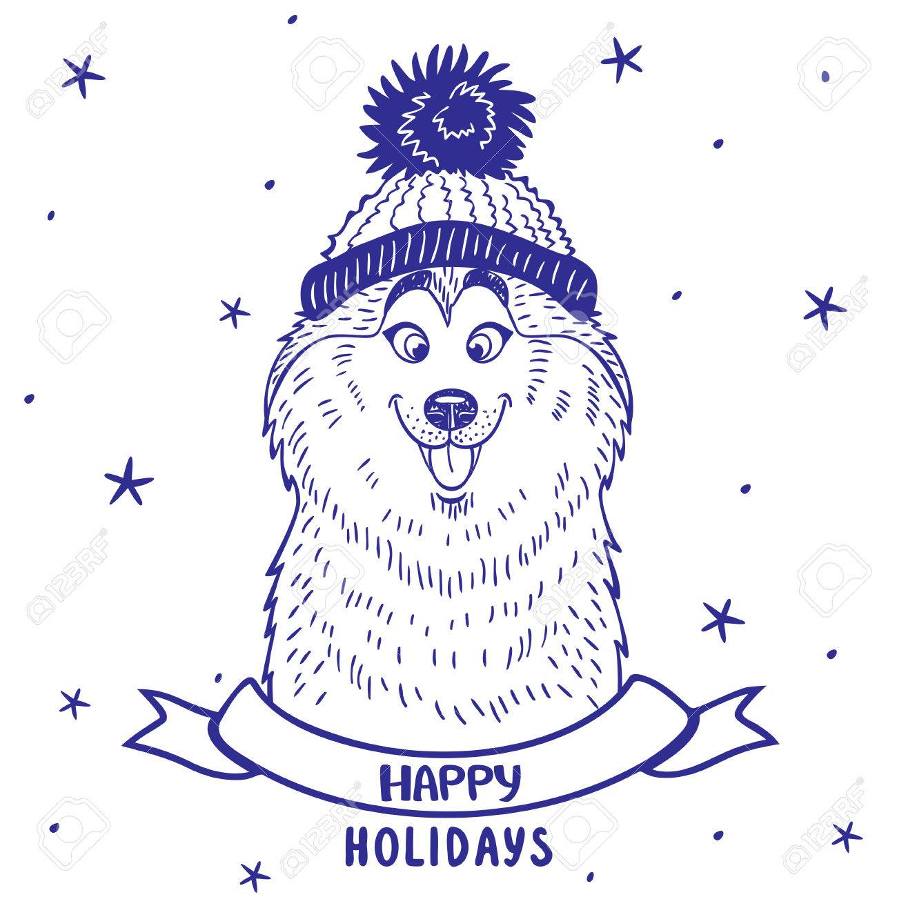 ポンポンとの帽子のシルエット漫画かわいいと面白いシベリアン ハスキーのイラスト素材 ベクタ Image