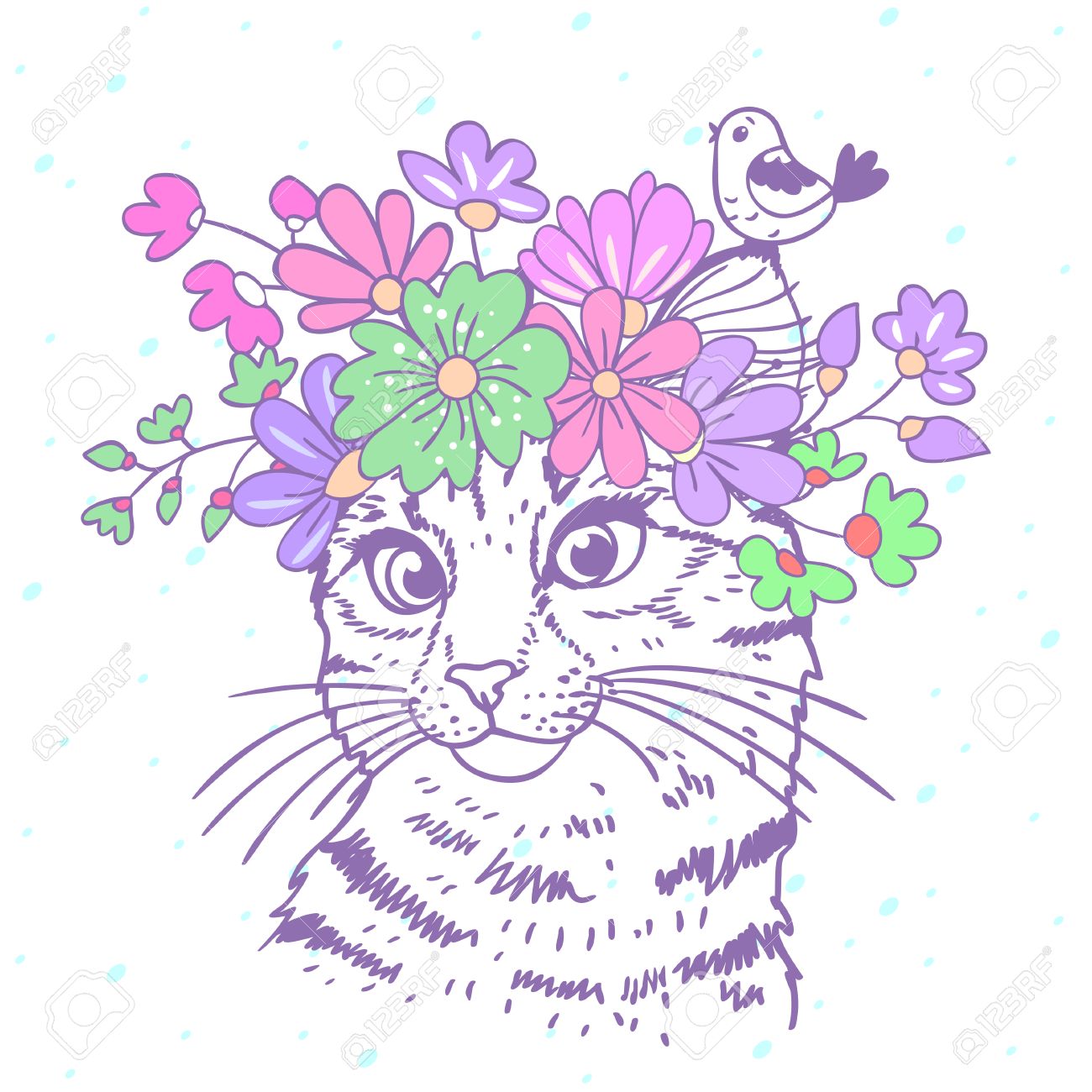 美しく かわいい手書き花の花輪と子猫の頭の上 のイラスト素材 ベクタ Image