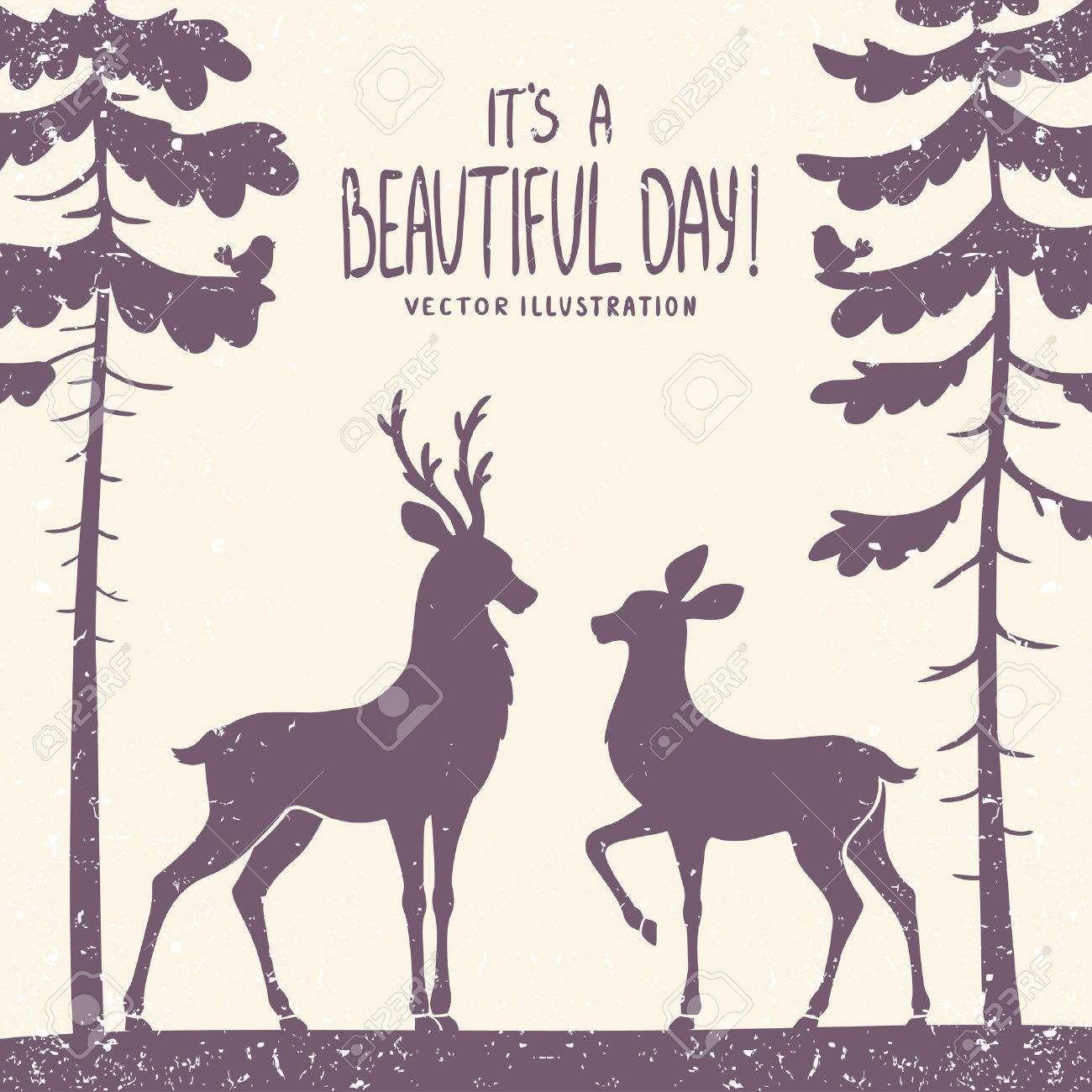 松林の中の 2 つの美しい鹿のベクトル イラスト シルエット のイラスト素材 ベクタ Image