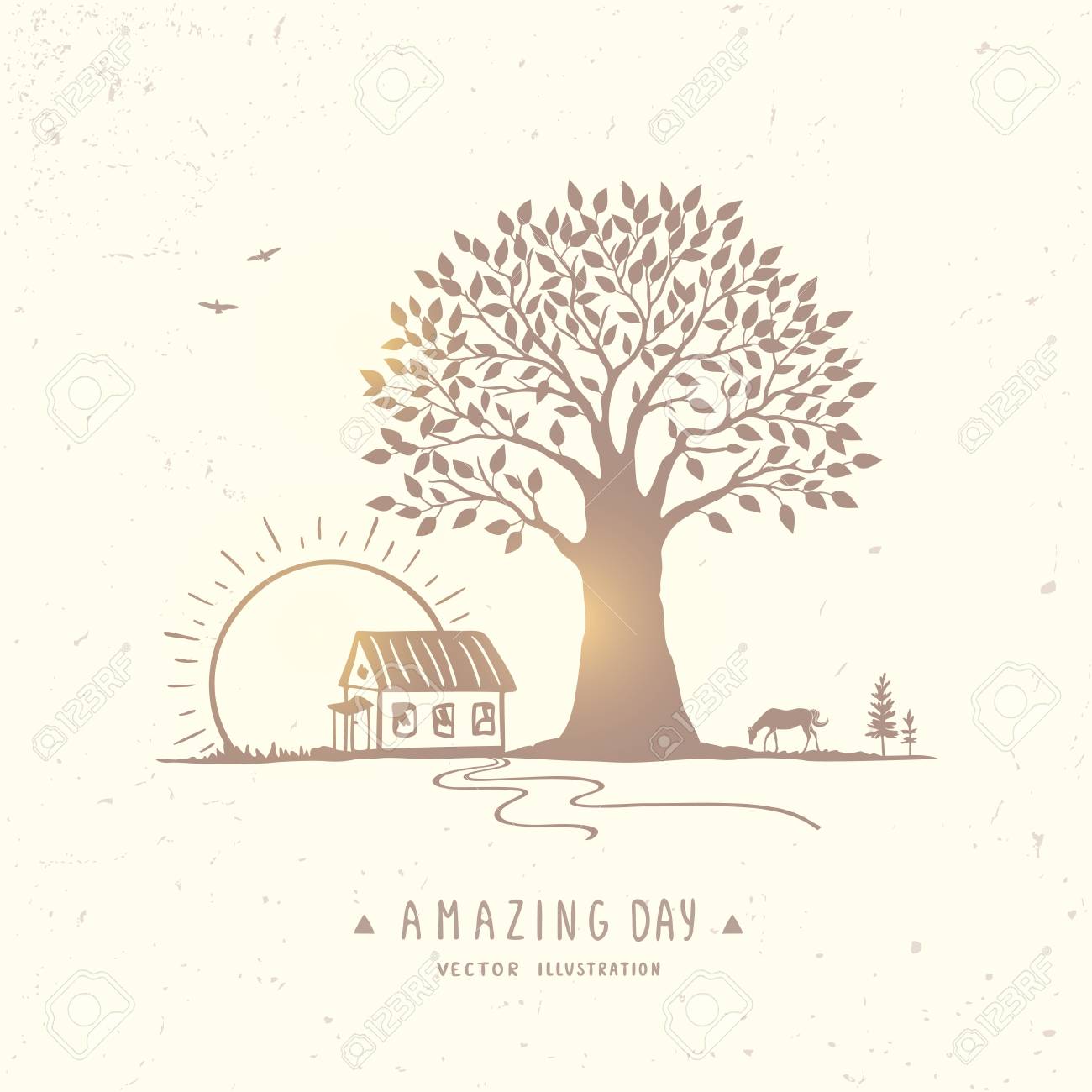 Beautiful And Amazing Big Tree And House Panorama Landscape