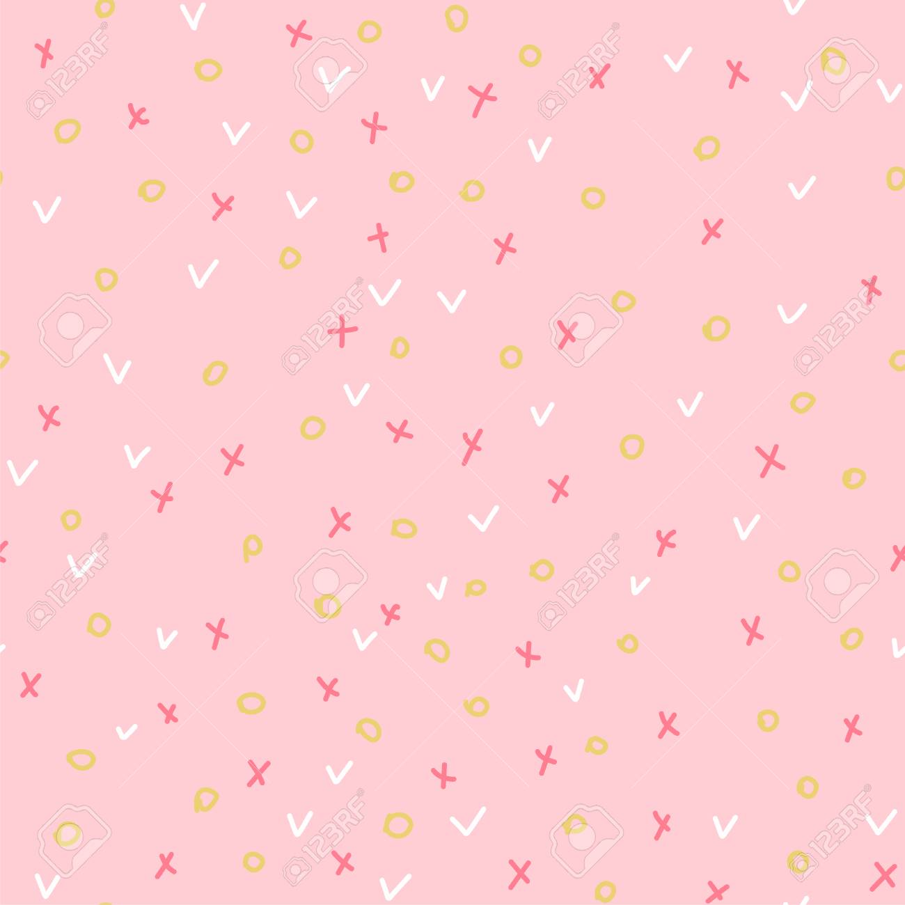 Cute Circles Crosses Ticks Seamless Pattern On Light Pink
