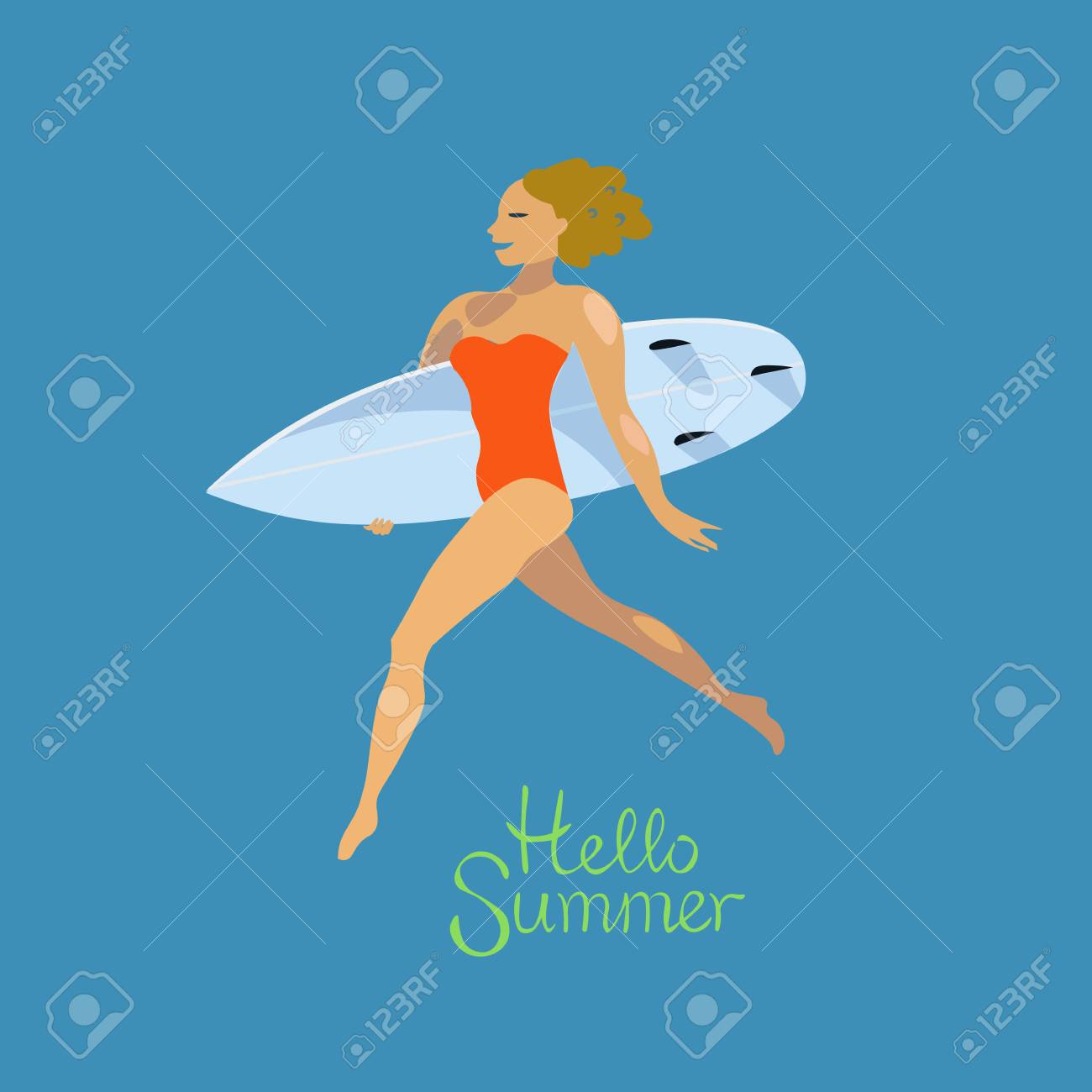 サーフボードこんにちは夏を実行しているサーファーの女の子のイラスト素材 ベクタ Image