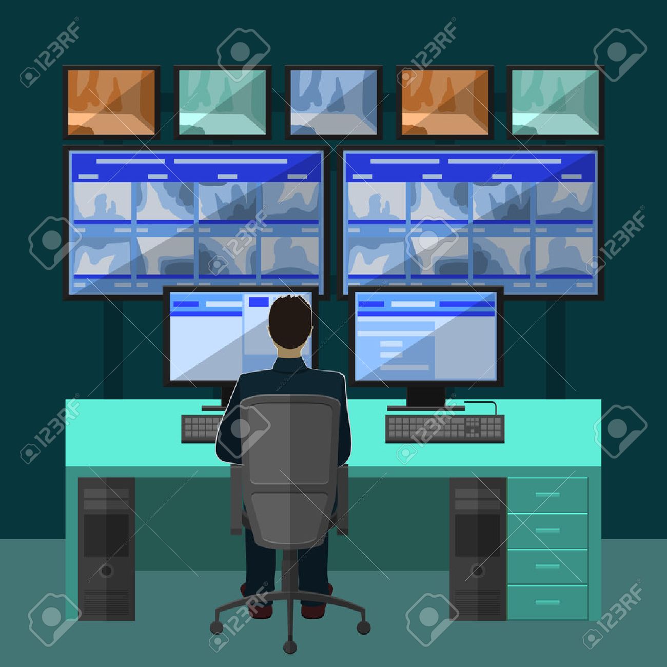 Security room in which working professionals. surveillance cameras in a flat style - 47692491 Security room in which working professionals. surveillance cameras in a flat style - 47692491