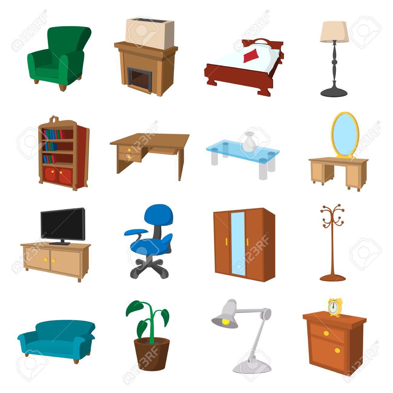 Mobel Cartoon Icons Gesetzt Illustrationen Von Wohn Und Schlafzimmer Auf Einem Weissen Hintergrund Lizenzfrei Nutzbare Vektorgrafiken Clip Arts Illustrationen Image