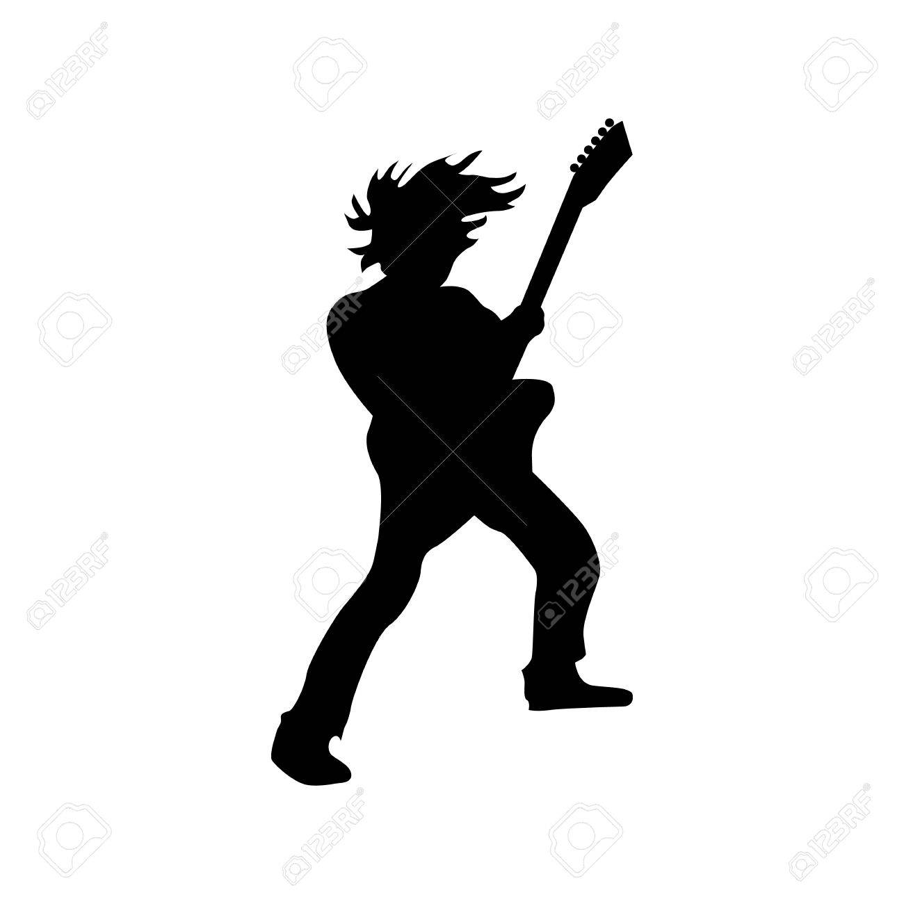 白い背景で隔離のギタリスト シルエット黒のイラスト素材 ベクタ Image