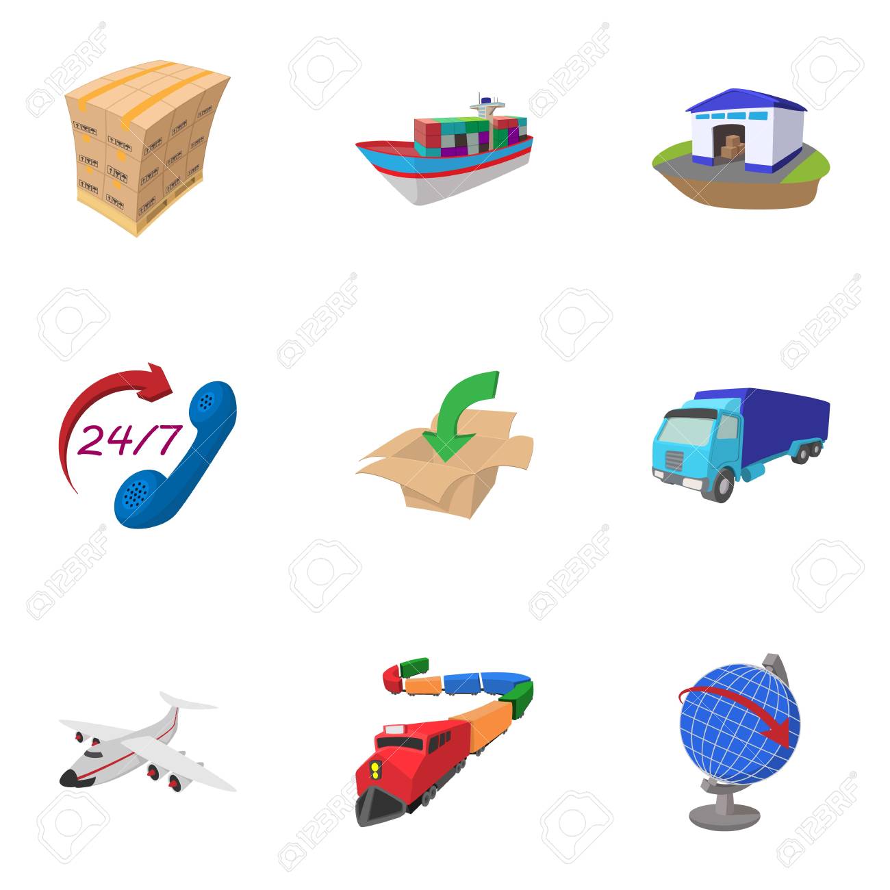 Transfer icons set, cartoon style