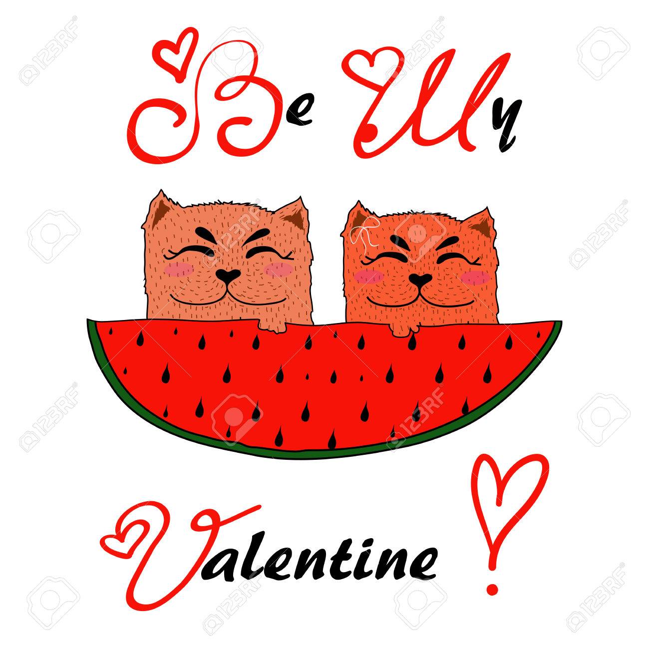 Illustration De Deux Chats De Bande Dessinée Rouge Dans Lamour Qui Manger De La Pastèque Avec Une Proposition De Be My Valentine Vector