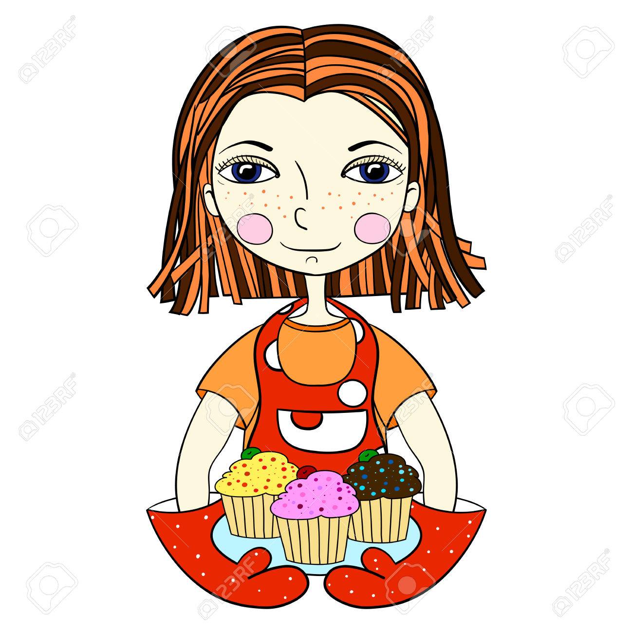 エプロンとミトン ケーキのプレートを保持している少女のカップケーキ 配信の概念健康的なライフ スタイルの手作りのバースデー 手描きロゴのベクトル図やベーカリー カフェの名刺 のイラスト素材 ベクタ Image