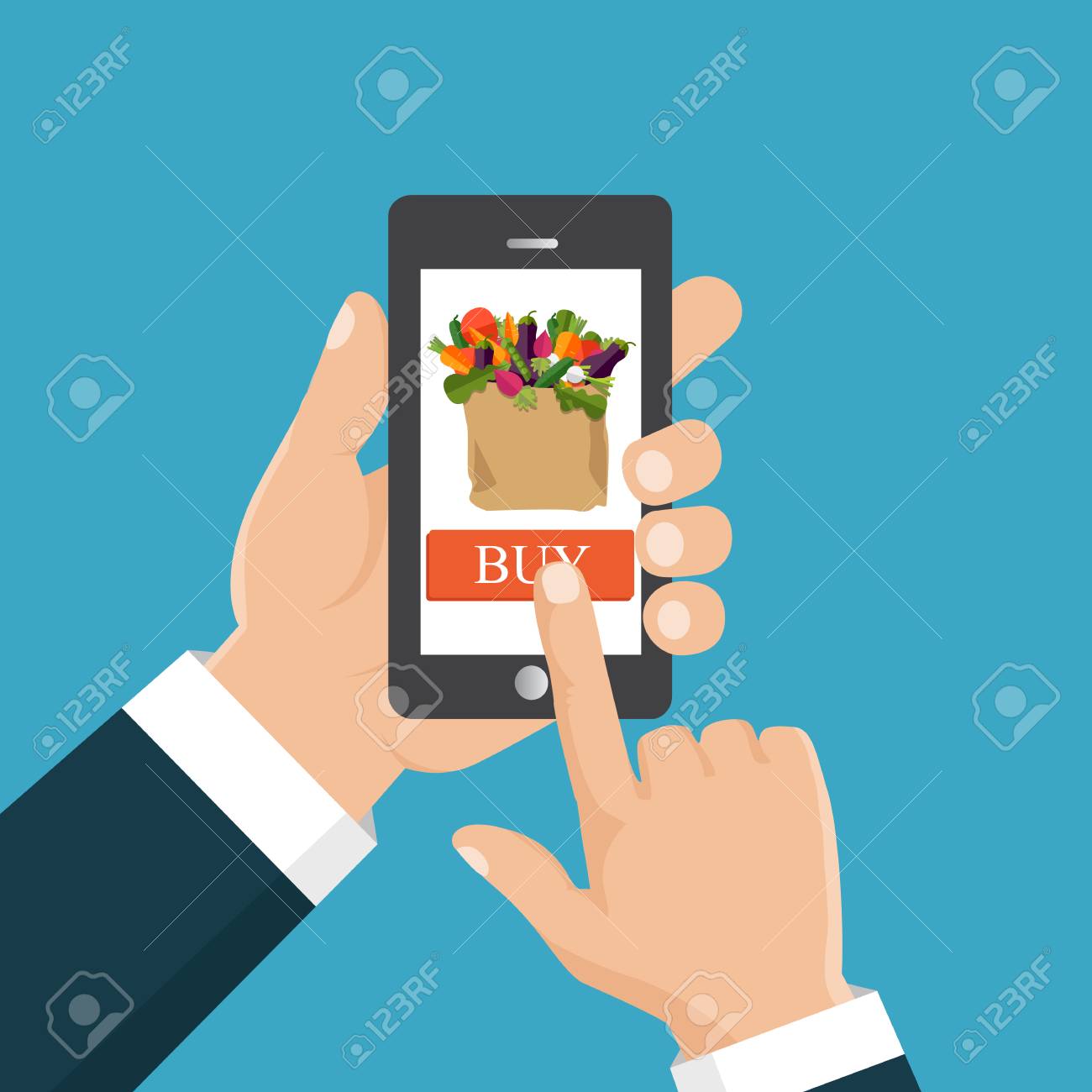 食品を買うを購入します フラットのベクター イラストです 手注文生鮮食品は 画面上の食糧のバスケットを持つスマート フォンを保持します のイラスト素材 ベクタ Image 食品を買うを購入します フラットのベクター イラストです 手注文生鮮食品は 画面上の食糧のバスケットを持つスマート フォンを保持します のイラスト素材 ベクタ Image