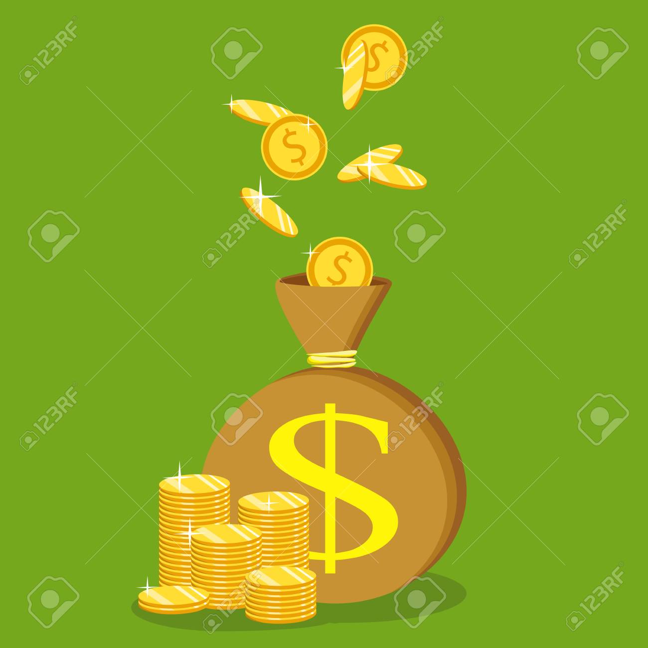 플랫 아이콘, 벡터 일러스트 레이 션입니다. 돈 절약 및 돈 가방 개념입니다. 돈 만들기. 은행 예금. 금융. 배경에 고립. 로열티  무료 사진, 그림, 이미지 그리고 스톡포토그래피. Image 79807555