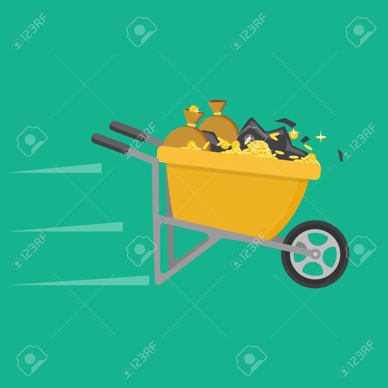漫画ベクトルフラットスタイルのイラスト。コインと土壌でいっぱいの手押し車。のイラスト素材・ベクター Image 94604908
