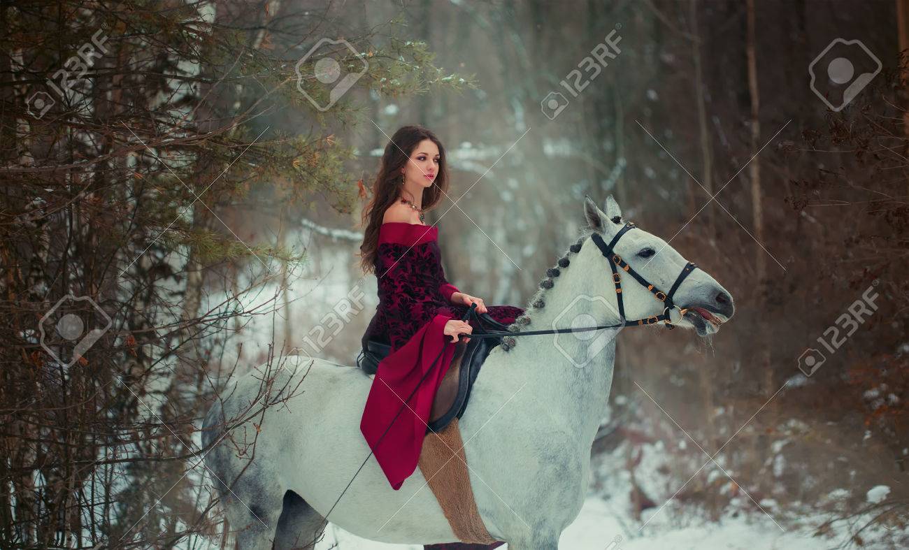 トワイライト冬の森で白い馬に中世の女王 の写真素材 画像素材 Image
