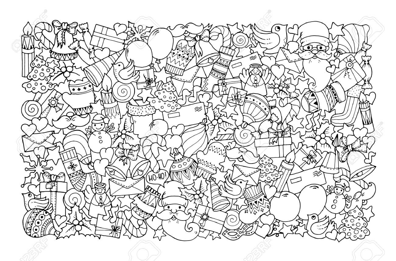 Christmas theme. Doodle background with balloon, bells, sweets, Christmas socks, gift, mittens, envelope, letter, tree, star, candle, bird, snowman, ball, bow, heart and Santa Claus. Ethnic ornaments. - 50559284 Christmas theme. Doodle background with balloon, bells, sweets, Christmas socks, gift, mittens, envelope, letter, tree, star, candle, bird, snowman, ball, bow, heart and Santa Claus. Ethnic ornaments. - 50559284