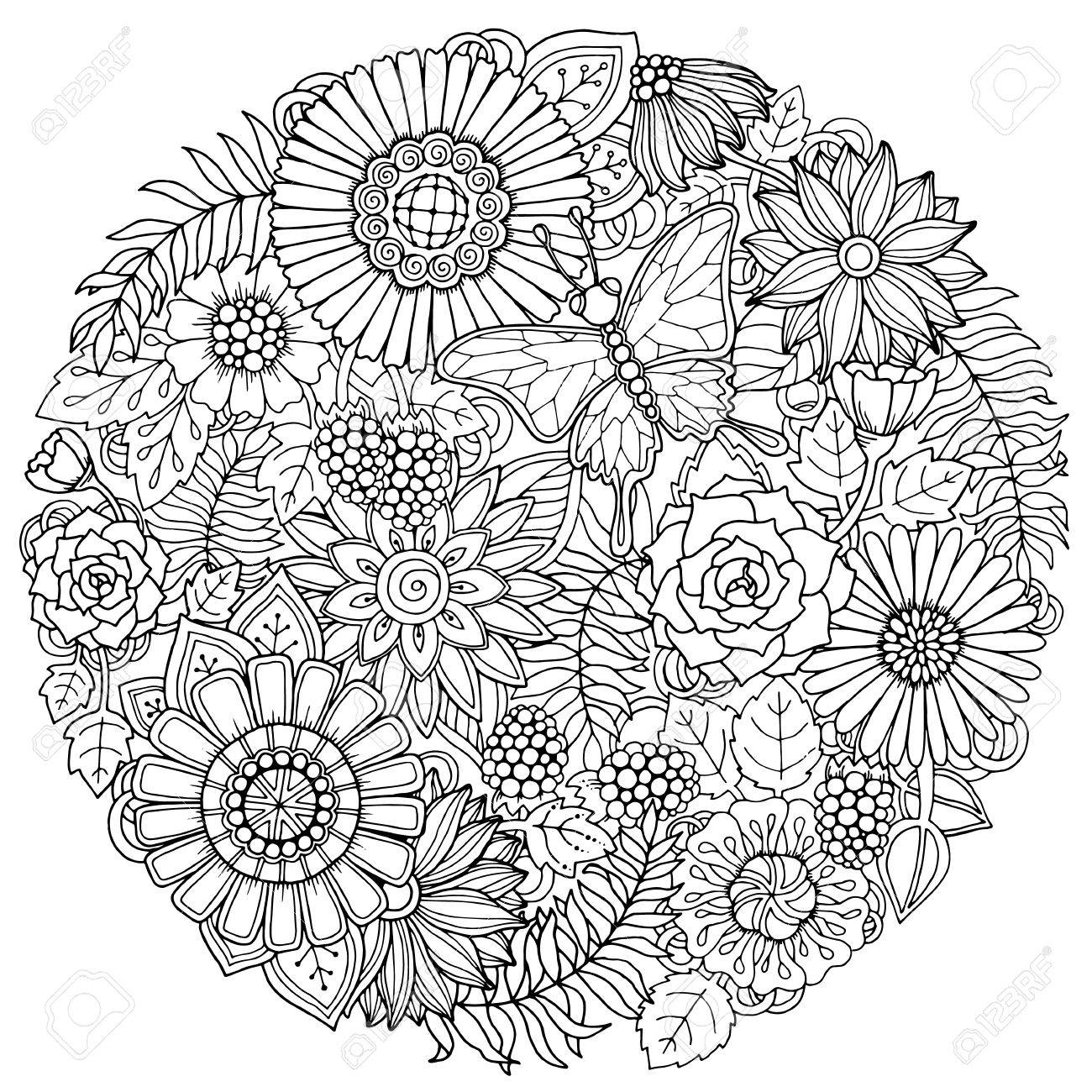 Circle Summer Doodle Flower Ornament With Butterfly Hand Drawn Art Floral Mandala Black And