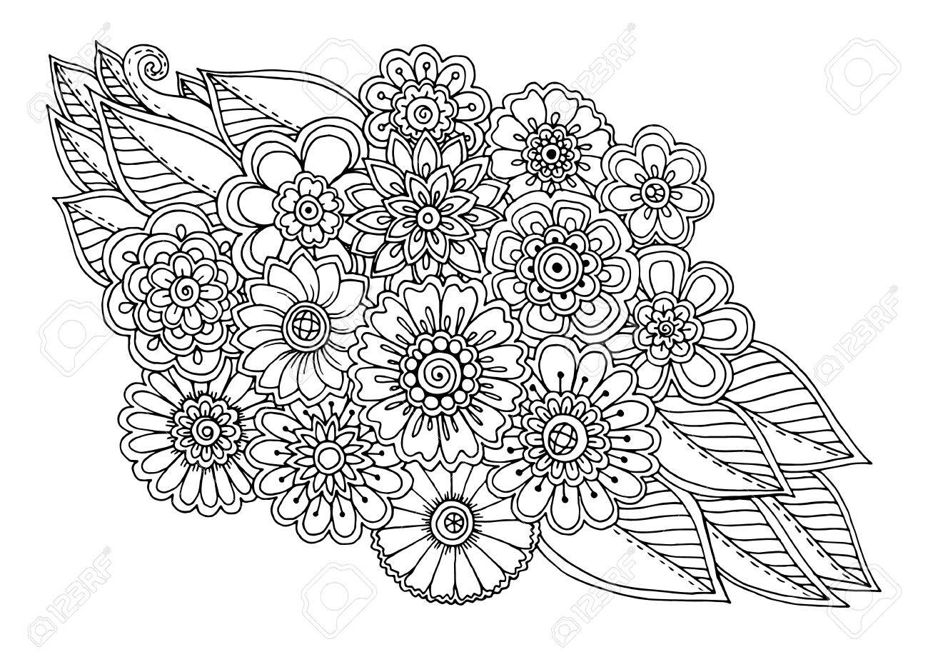 Sommer Doodle Blumenverzierung Mit Blattern Hand Gezeichnete Kunst Blumenmandala Schwarze Und Weisse Hintergrund Zentangle Inspirierte Muster Fur Buchseiten Fur Erwachsene Und Kinder Farbung Lizenzfrei Nutzbare Vektorgrafiken Clip Arts