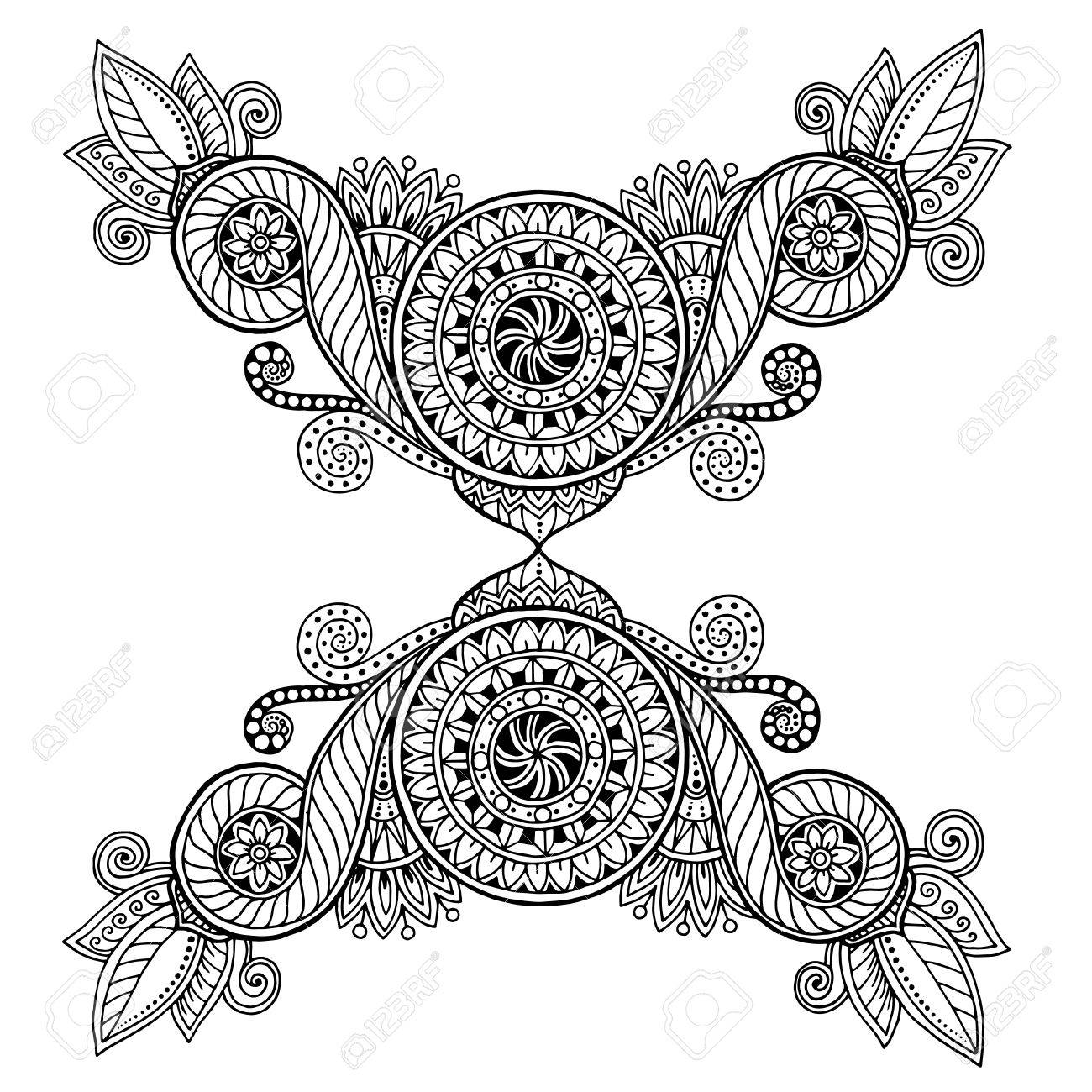 エスニック花柄 落書きベクトルの背景パターン ヘンナ ペイズリー一時的な刺青は落書きデザイン トライバル デザイン要素です 大人と子供のためのぬり絵の黒と白のパターン のイラスト素材 ベクタ Image