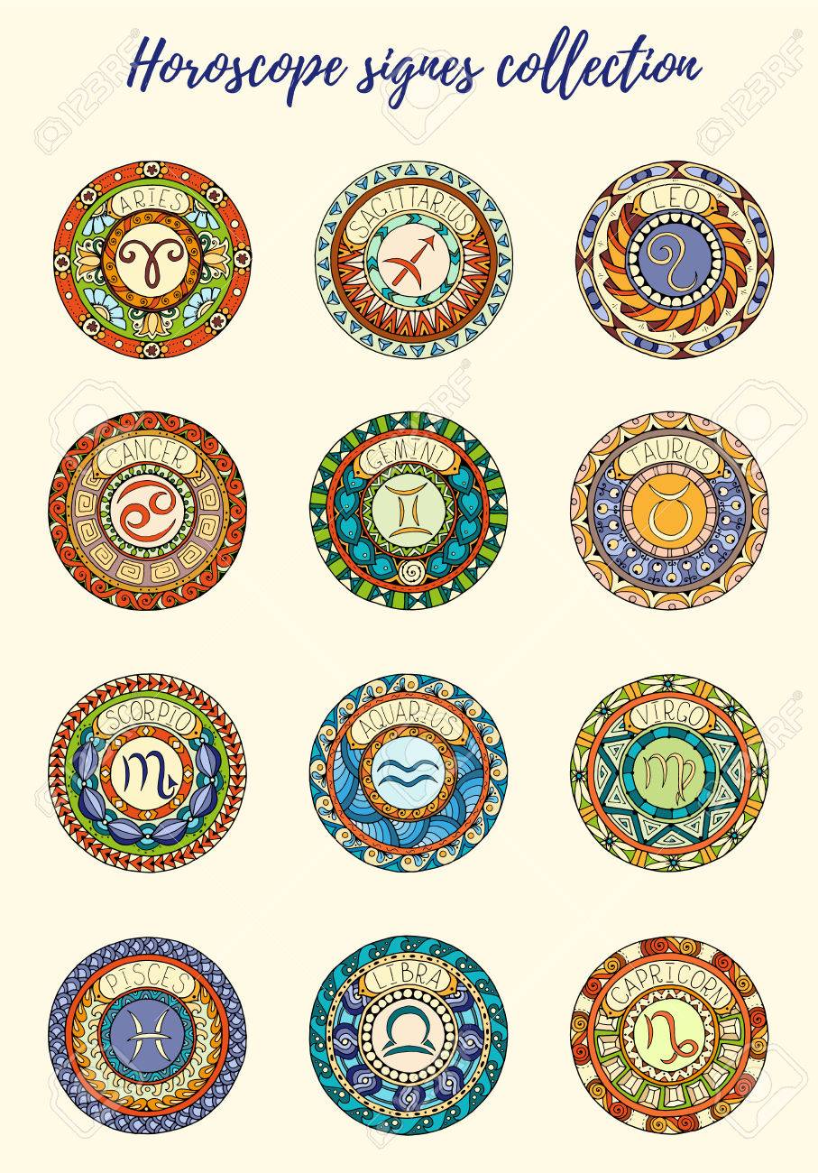 ゾディアック サインのテーマ 天秤座干支でマンダラのセットです 触発された曼荼羅 タトゥー アート 紙媒体のデザイン ステッカーなどの手描き部族マンダラ星座シンボル のイラスト素材 ベクタ Image