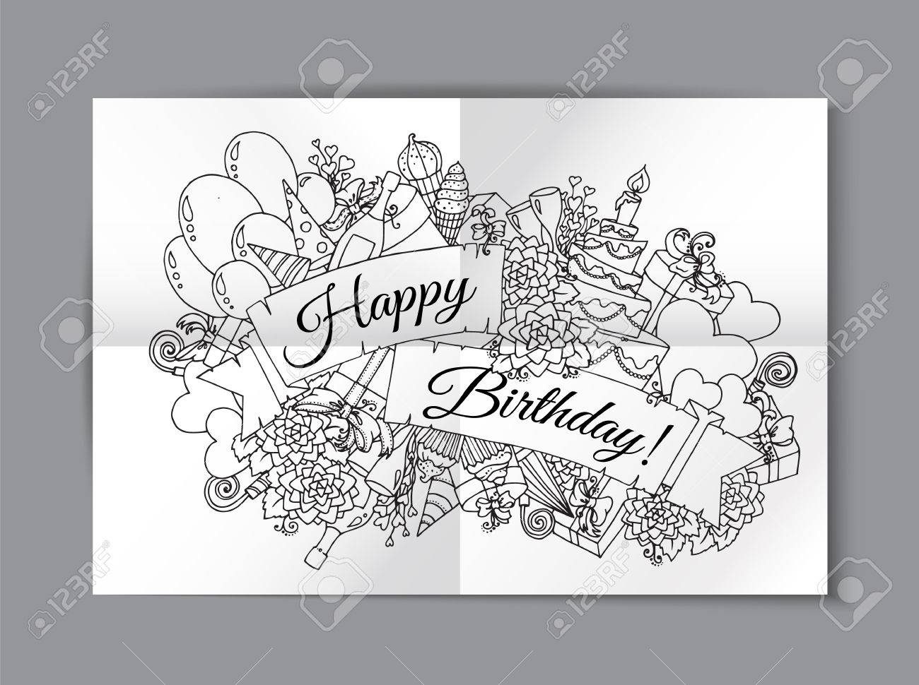 Happy Birthday Background For Card Hand Drawn Doodles Gift Boxes