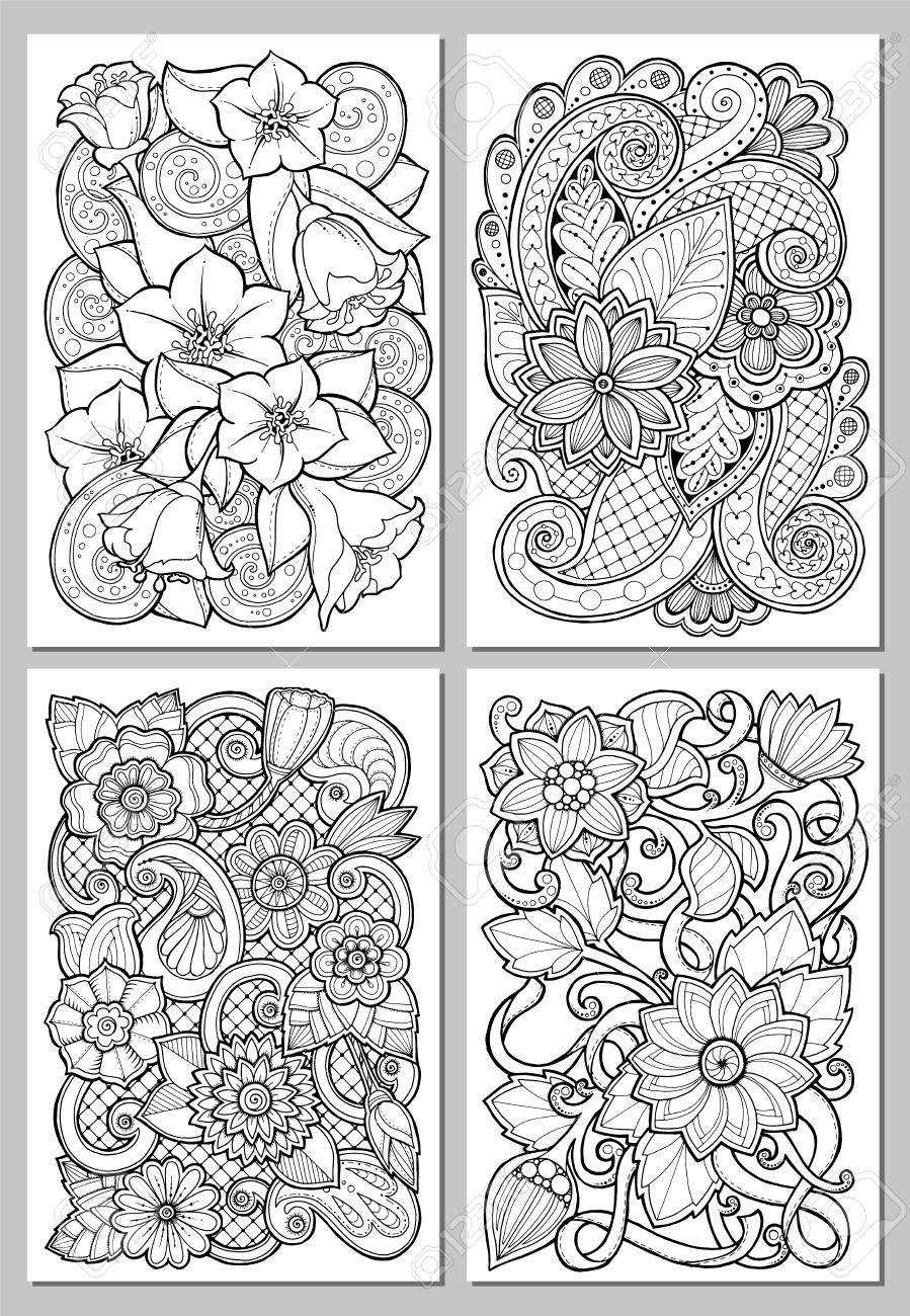 Cartes de voeux avec des fleurs abstraites Pages pour le livre de coloriage adulte