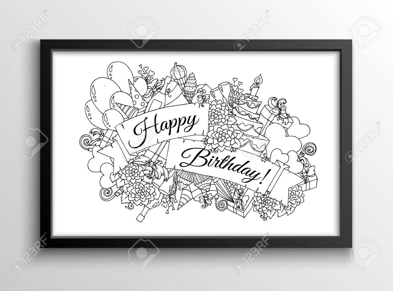 Fond De Joyeux Anniversaire Pour Carte Cadeaux Dessines A La Main Doodles Guirlandes Et Ballons Eruptions De Fete Gateaux Et Bonbons Tarte D Anniversaire Chapeaux De Fete Et Ruban Avec Felicitations Joyeux Anniversaire