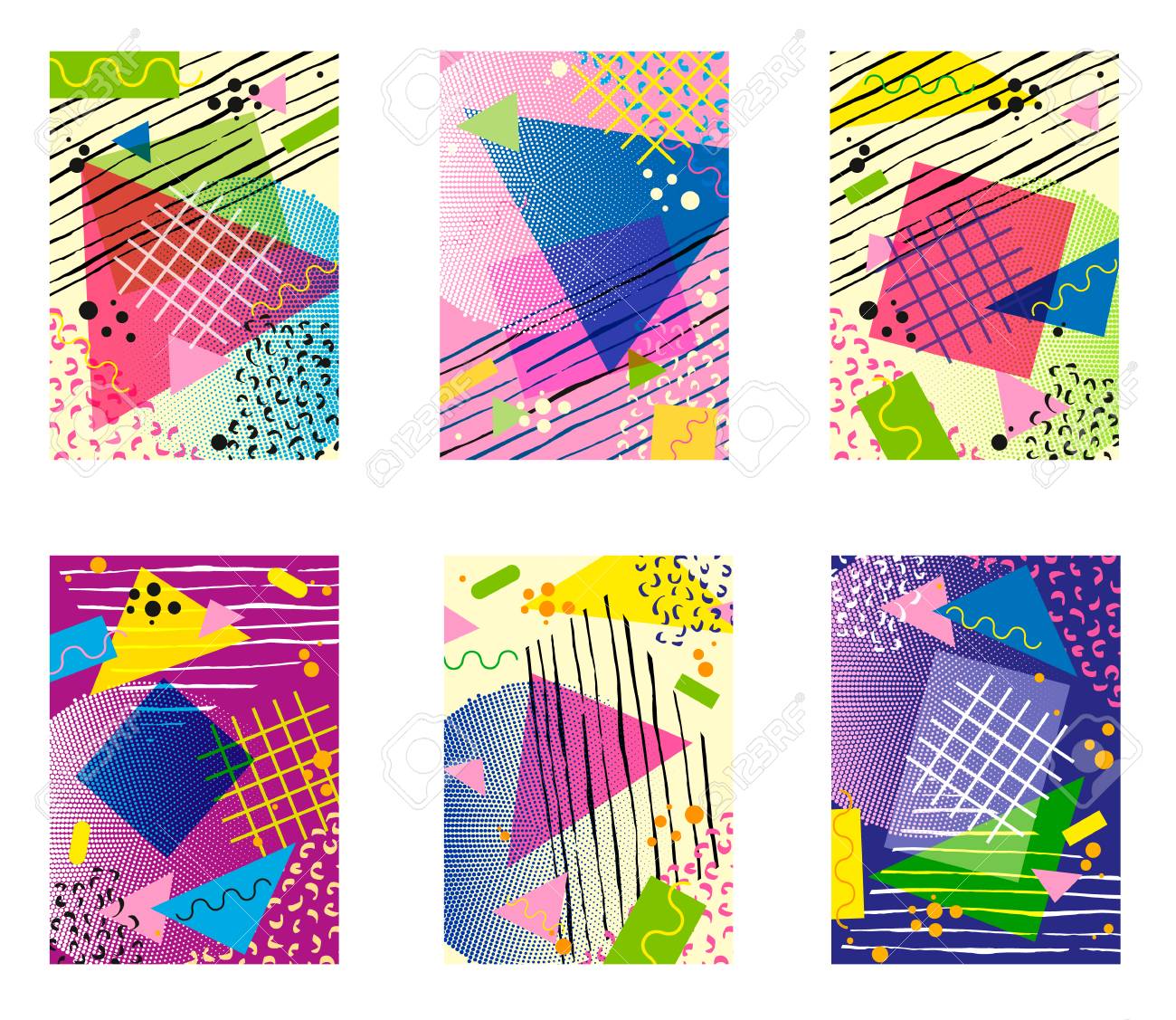 カラフルなトレンディなネオ メンフィス幾何学的ポスター セットです レトロなスタイルのテクスチャ パターン 幾何学的な要素 モダンな抽象デザイン ポスター カバー 名刺のデザイン のイラスト素材 ベクタ Image