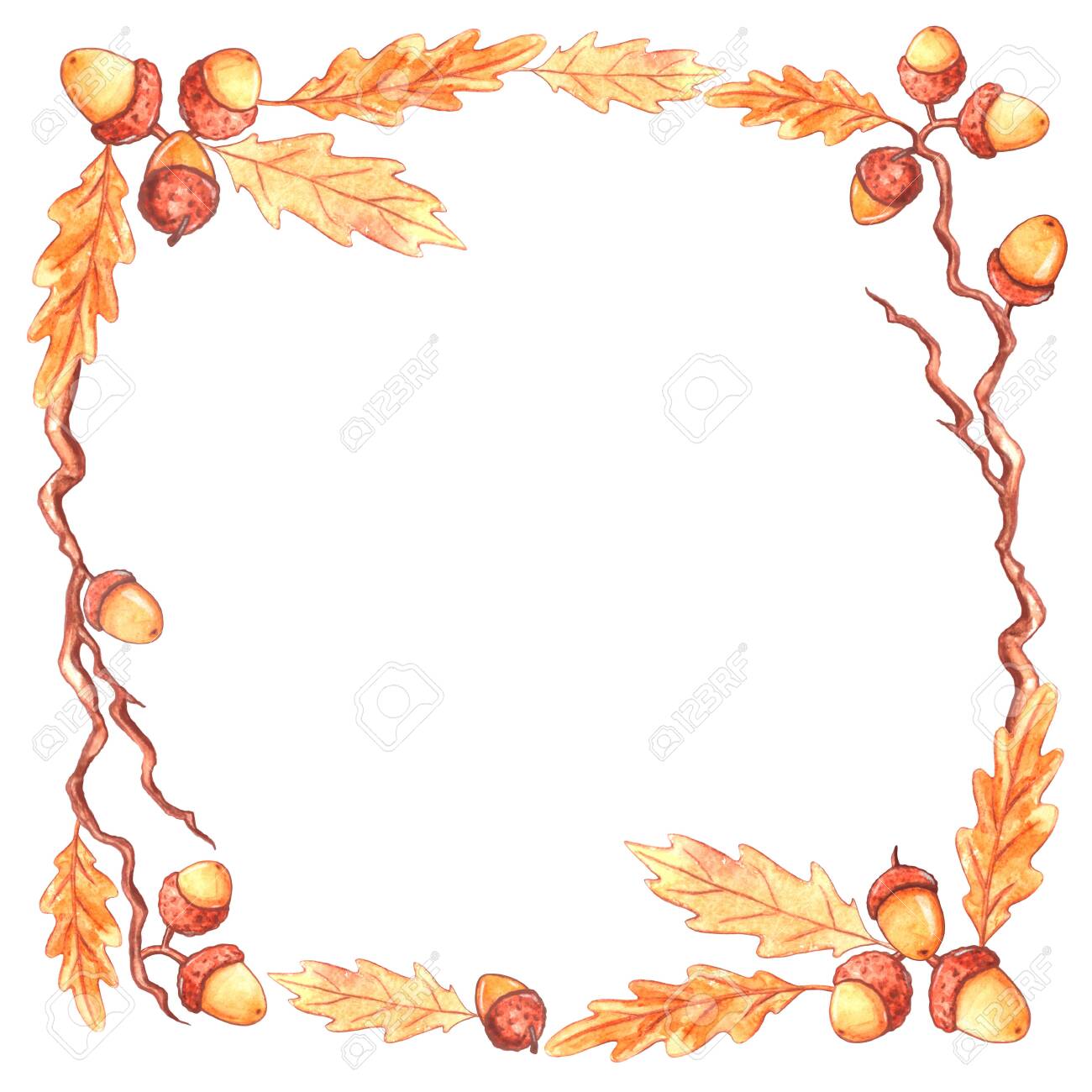 Square Watercolor Autumn Frame Made Of Hand Drawn Autumn Oak Leaves, Branches And Acorns. Border, Background For Greeting Card, Text, Picture Or Invitation. Stock Photo, Picture And Royalty Free Image. Image 156672206.