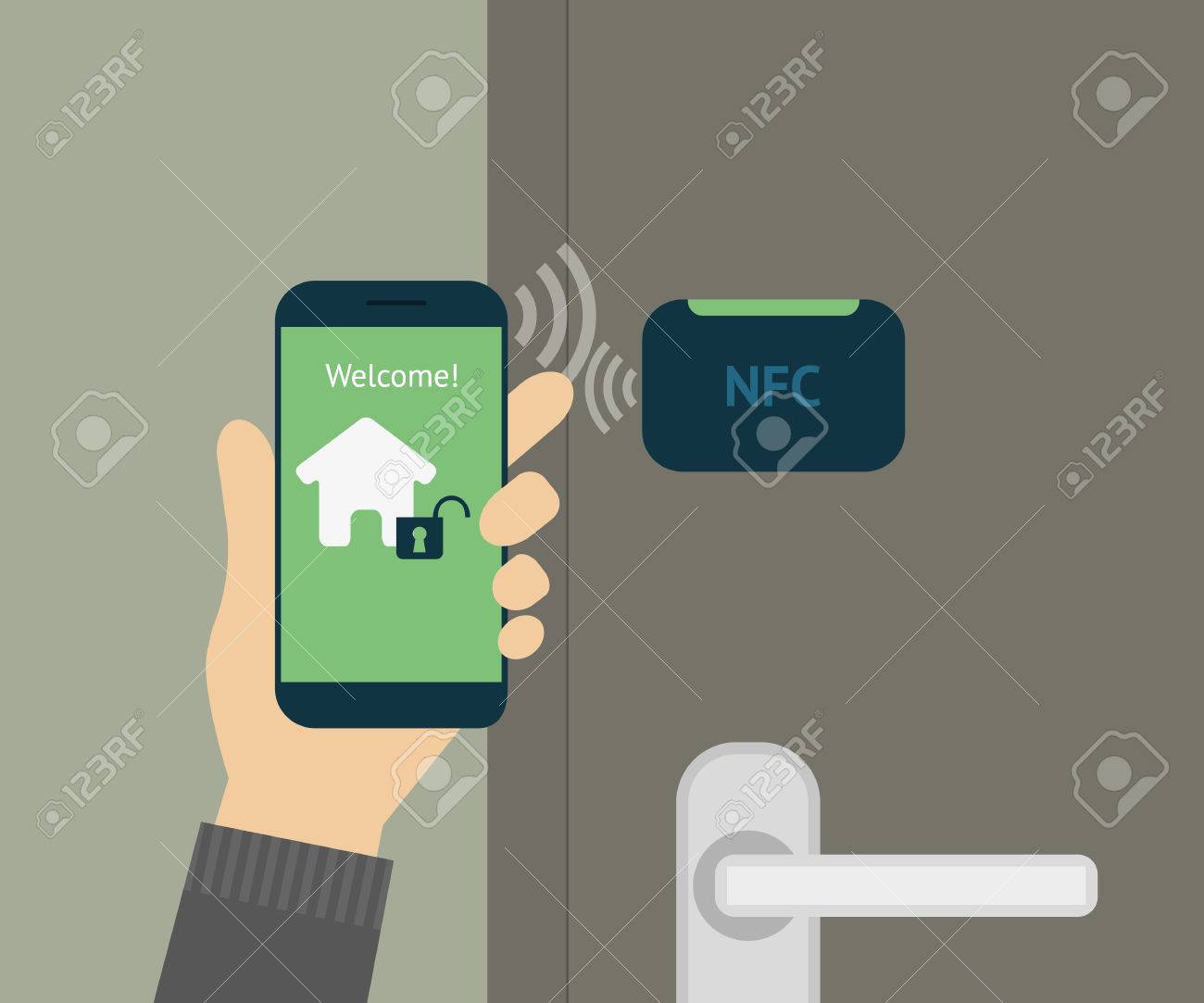 スマート フォンを介して携帯電話のロックを解除するホームのドアのイラスト のイラスト素材 ベクタ Image