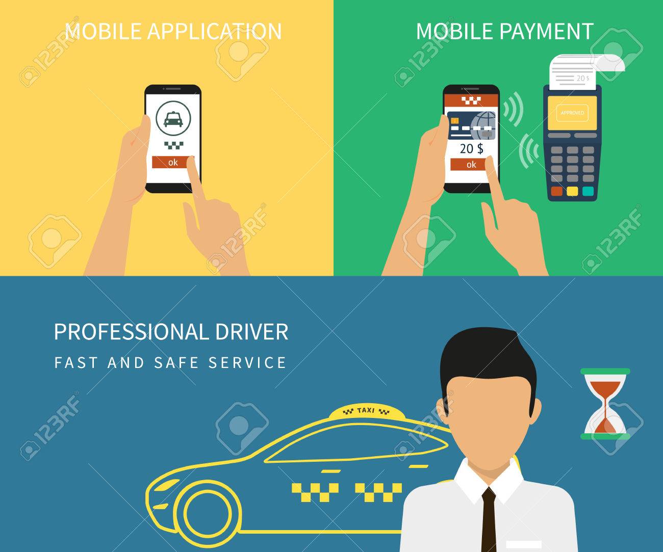 携帯アプリを介して予約タクシーの平らなベクトル イラスト概念のプロセス のイラスト素材 ベクタ Image