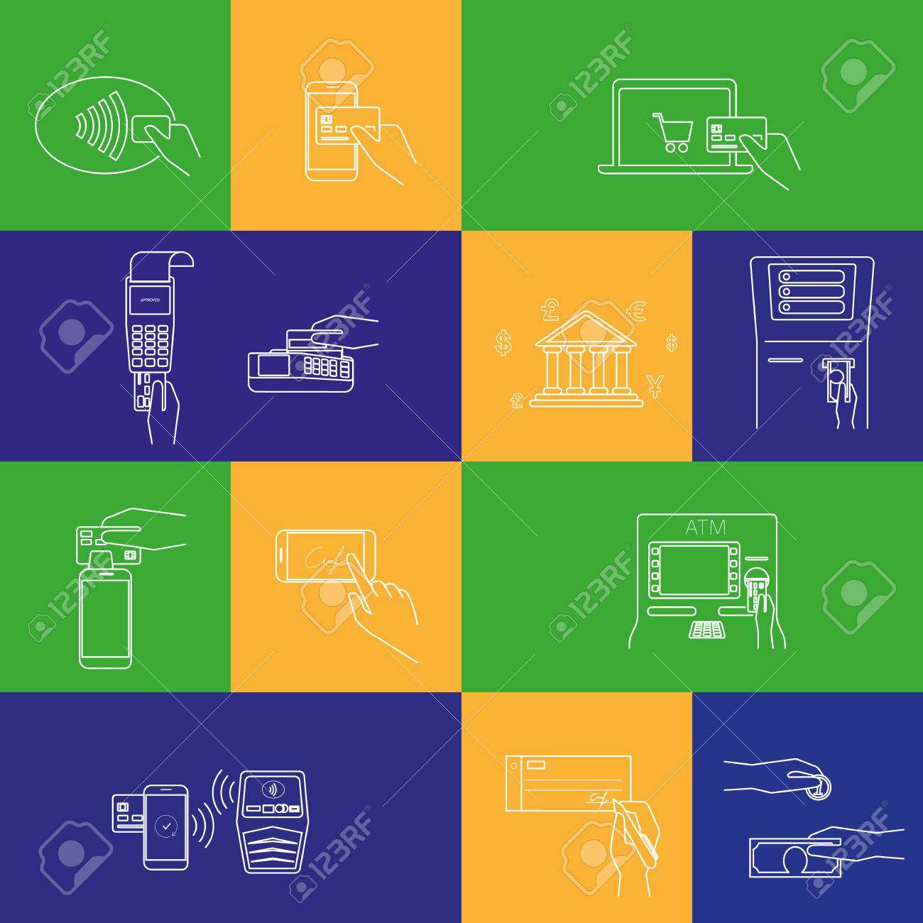 クレジット カード Nfc モバイル アプリ Atm ターミナル ウェブサイト 銀行振込 現金 請求書などのお支払い方法の輪郭の概念ベクトル イラスト セット のイラスト素材 ベクタ Image