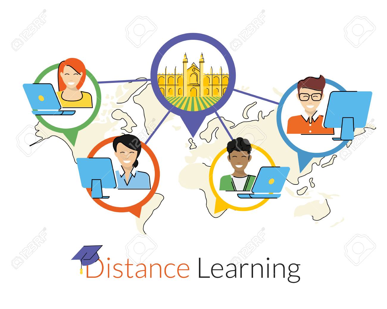 Distance Learning Flat Contour Illustration With Smiling Students ...